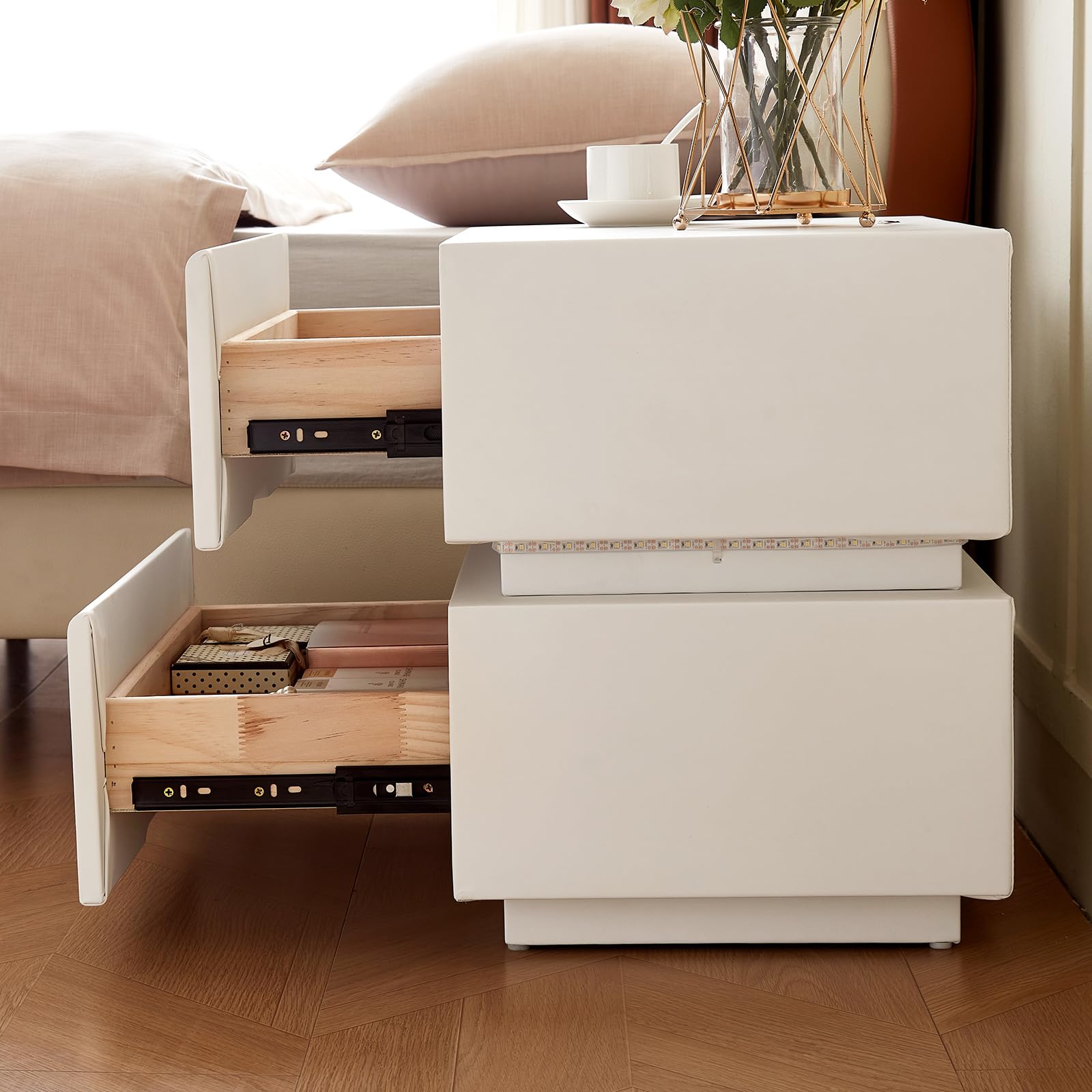 White Nightstand with Lights Strip, Modern Leather Wrapped Bedside Table with 2 Drawers