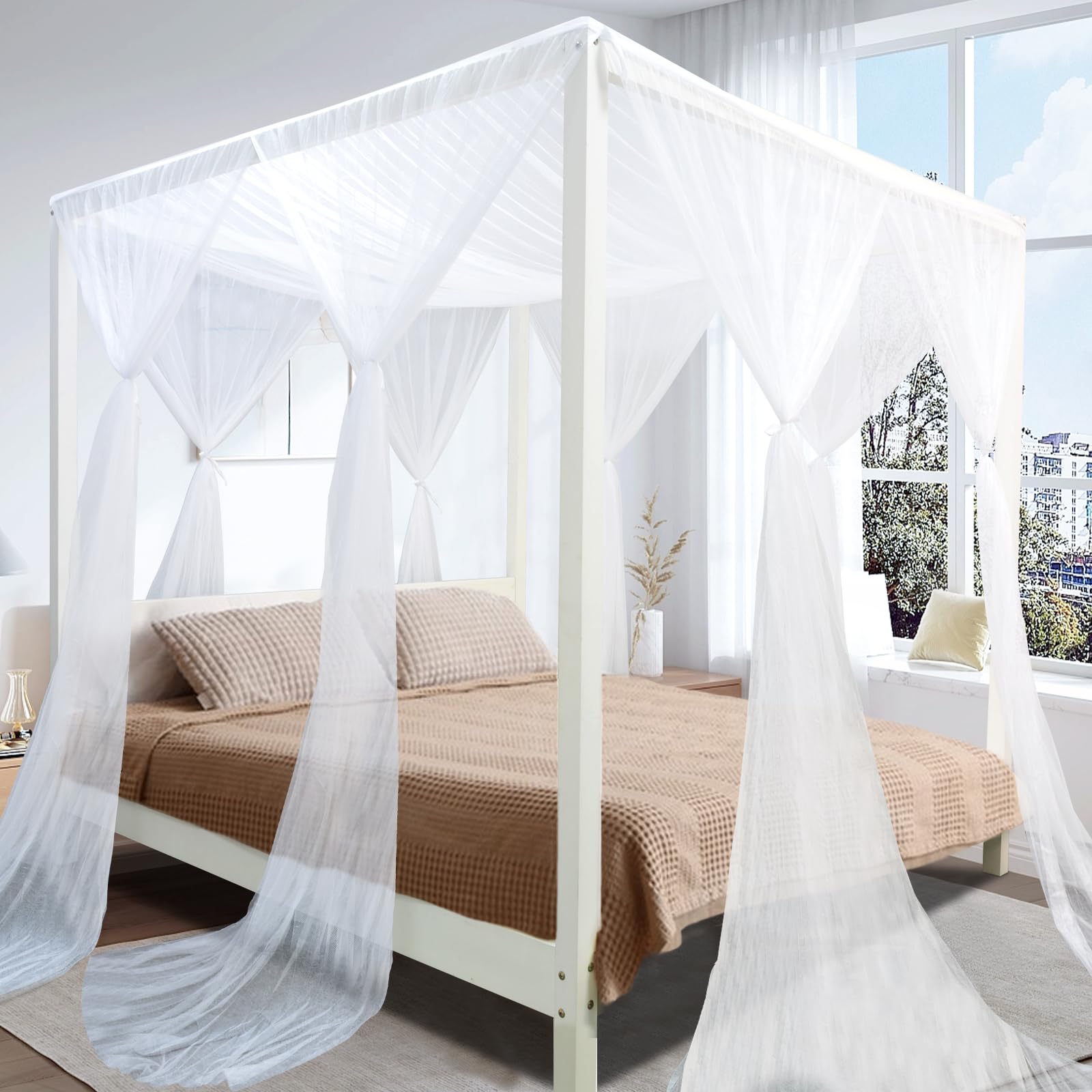 White Canopy Bed Curtains for King/Queen Size Bed, 4 Corner Adult Bed Canopy