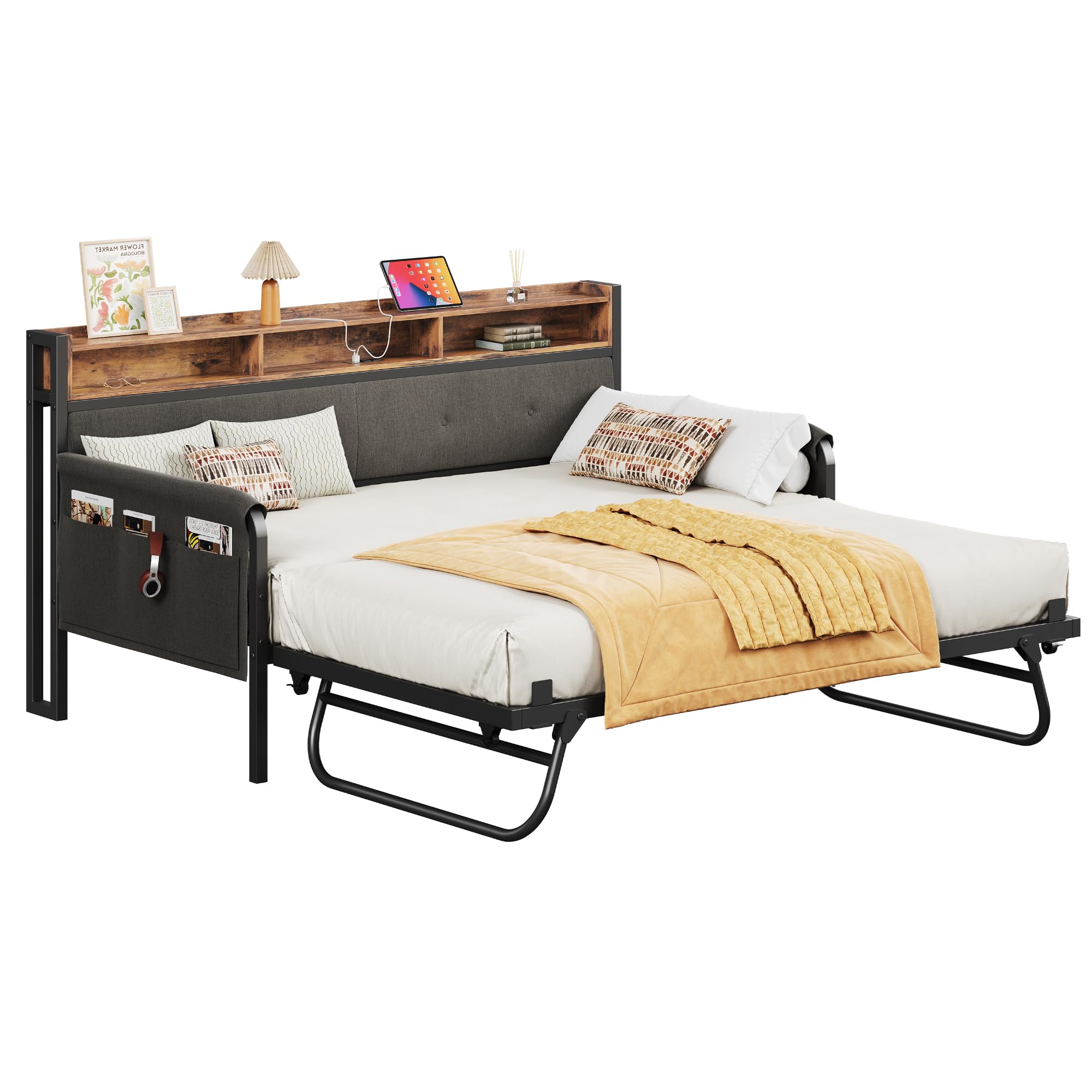 Daybed with Trundle, Twin Bed Frame with Upholstered Headboard and Charging