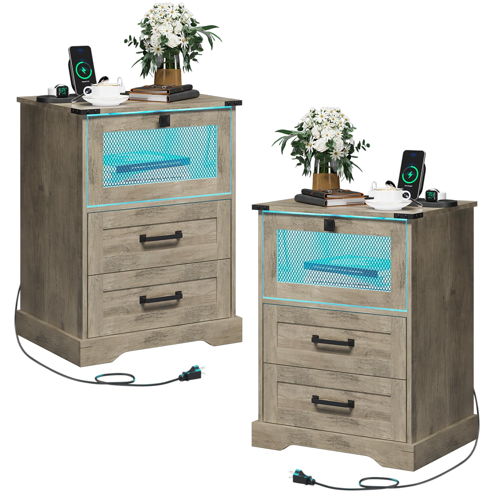 Farmhouse Night Stand Set of 2 with LED Lights and Charging Station