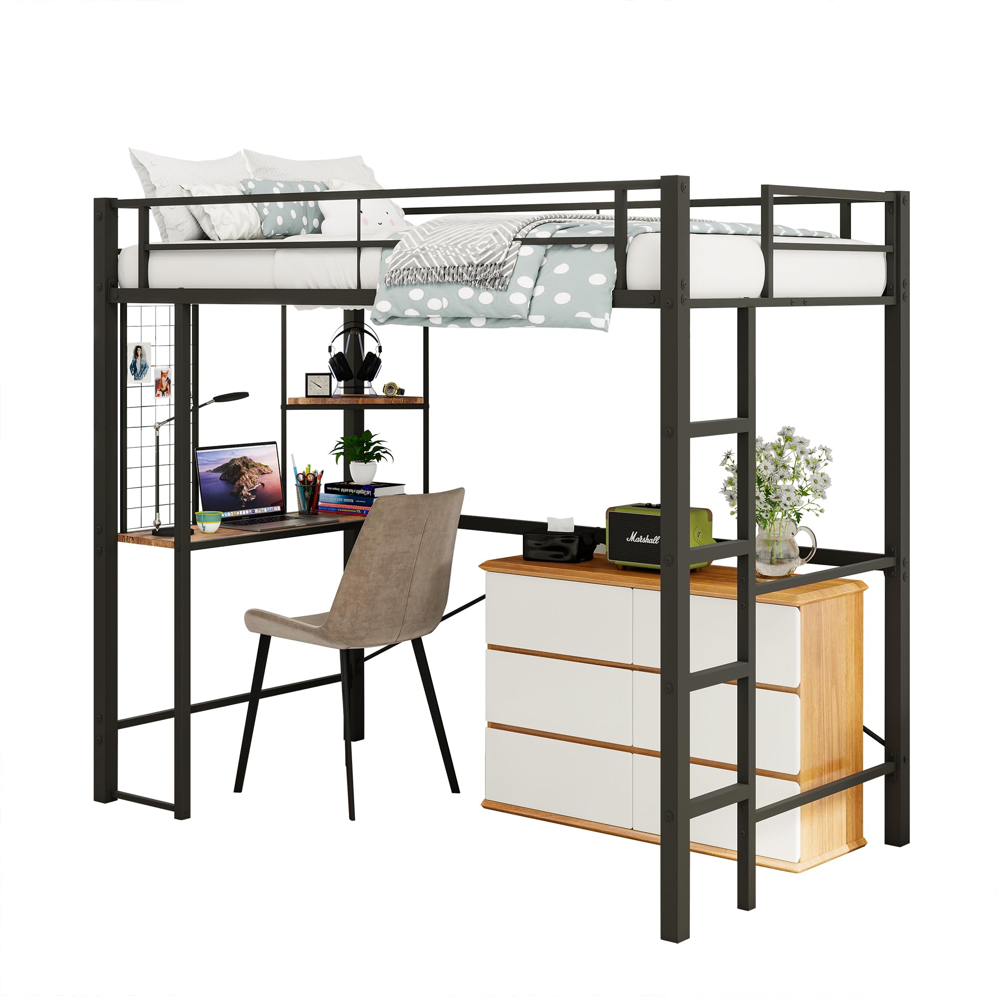 Twin Metal Loft Bed with Desk, Loft Bed Frame Twin Size with Shelves