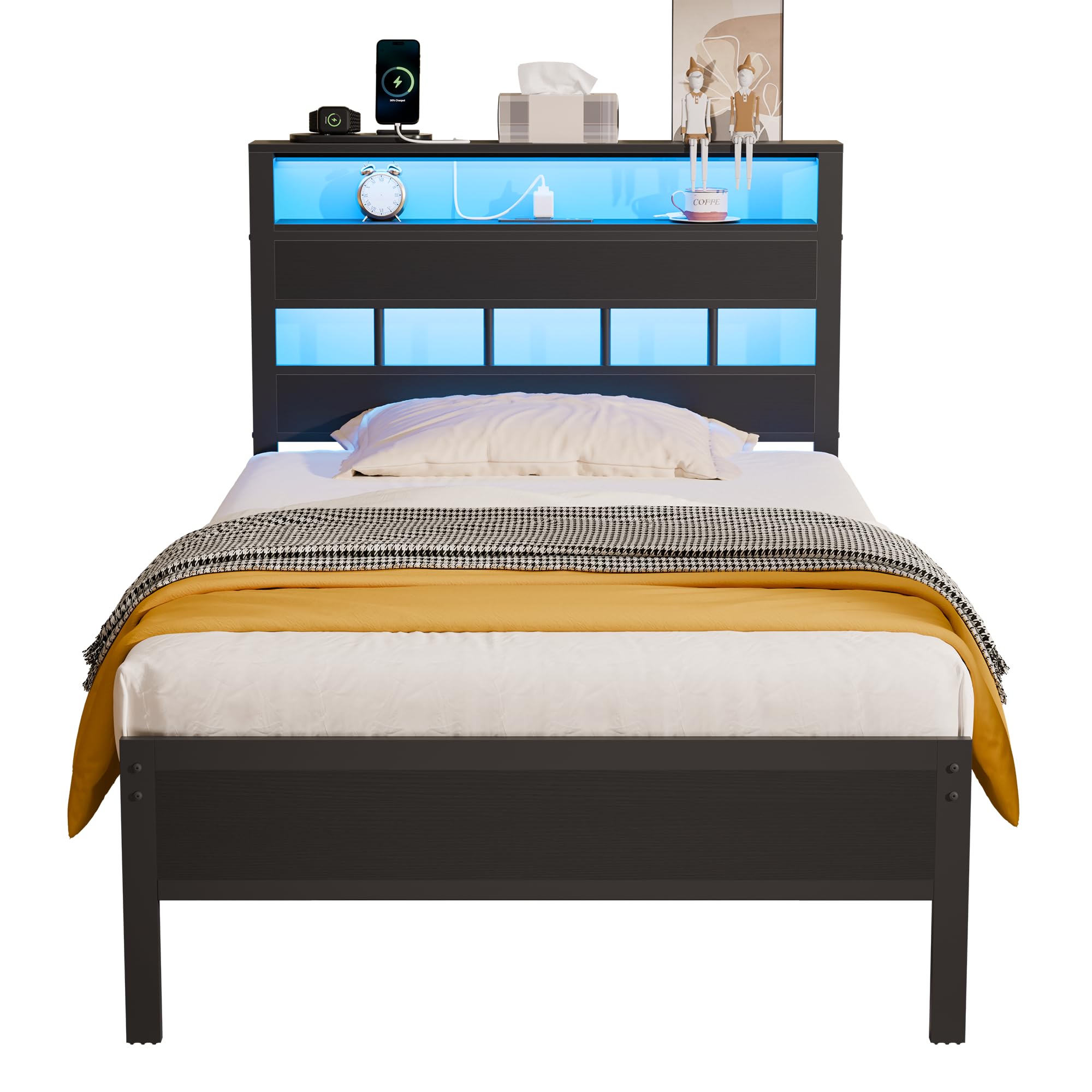 Furnulem Twin Bed Frames with Charging Station and LED Lights