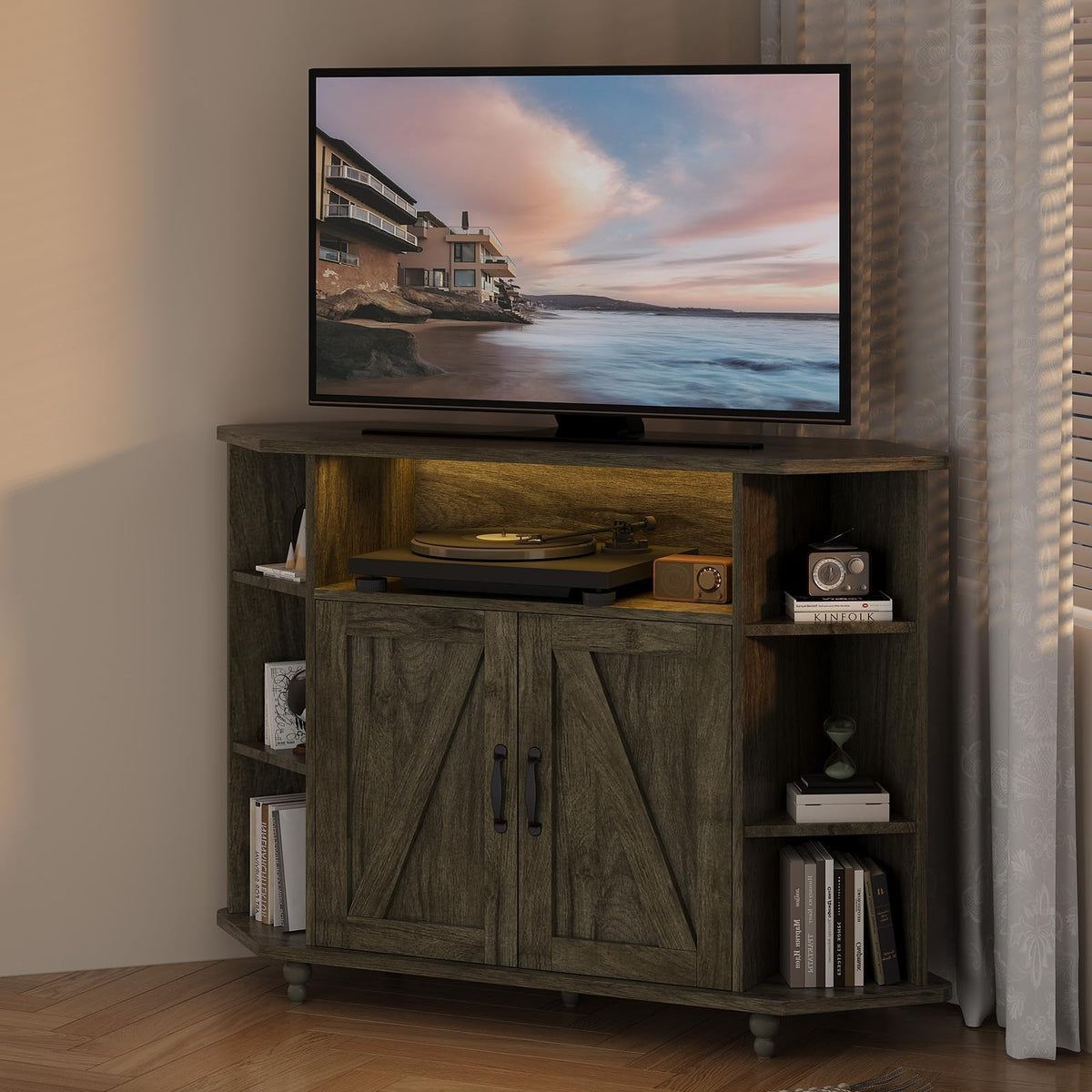 Corner TV Stand with LED Lights & Storage