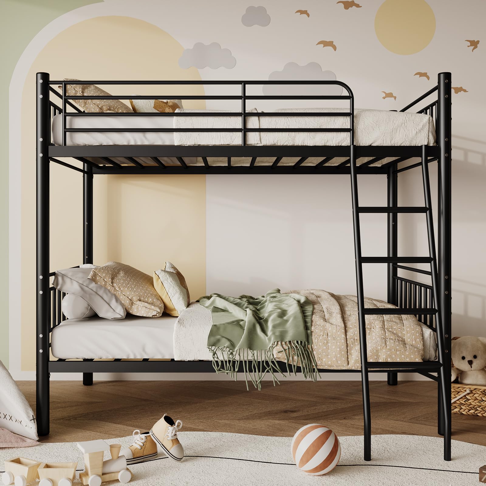 Bed Twin Over Twin, Metal Bed Frame for Kids & Adults, Twin Bunk Bed
