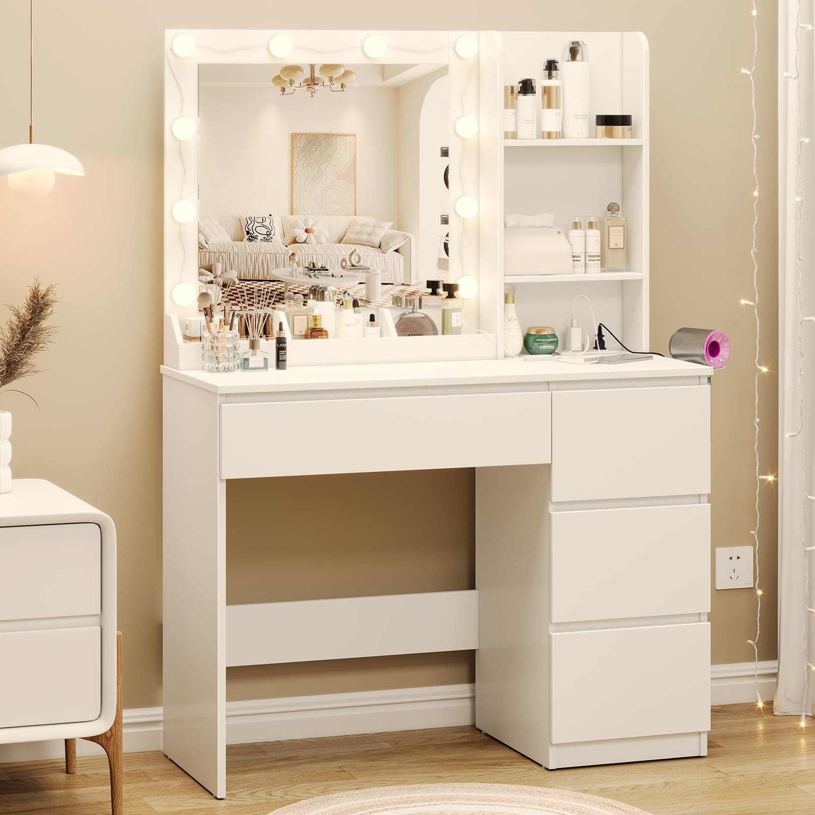 Mirror & 10 Lights, Power Outlet Makeup Vanity