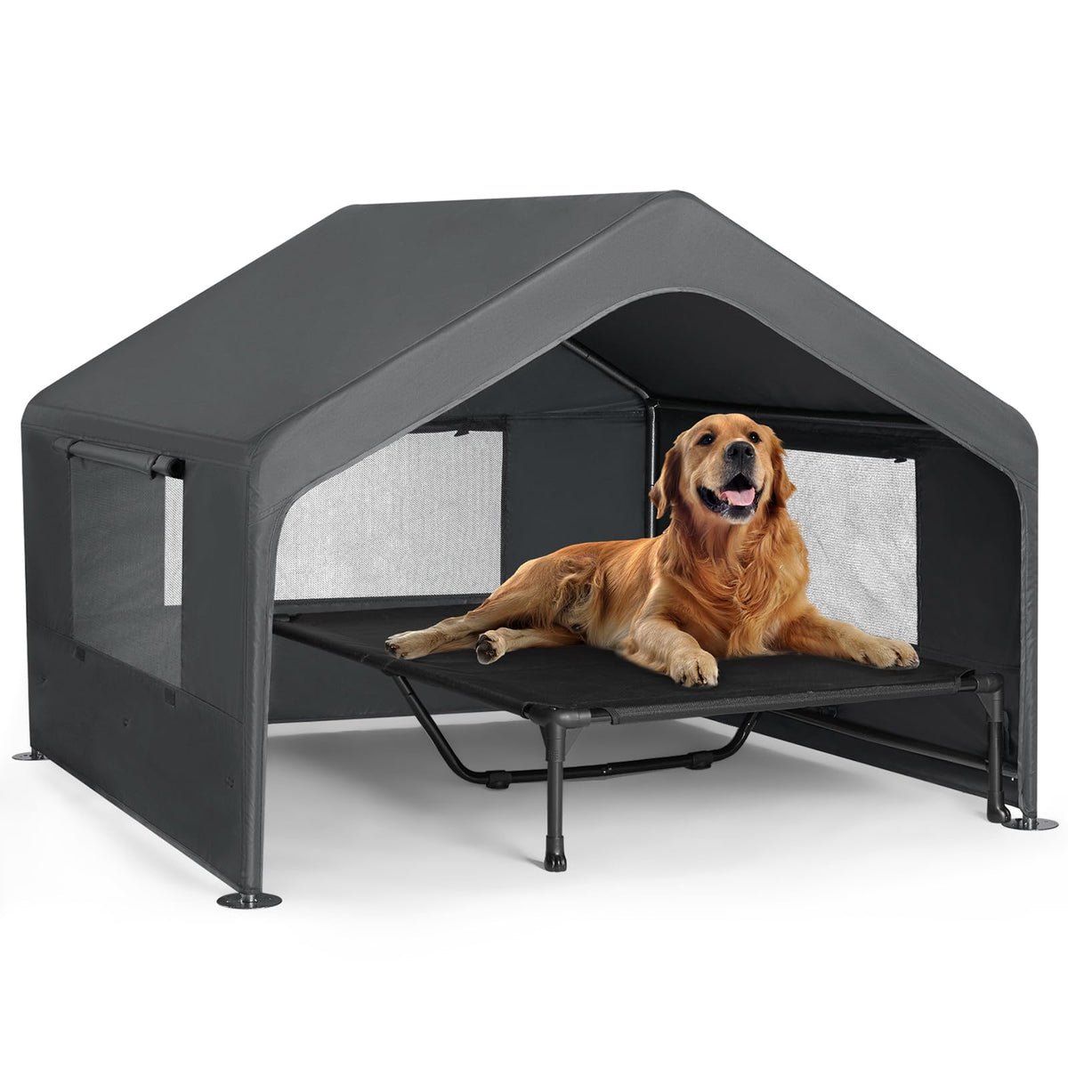 XL Weatherproof Dog Tent House with Elevated Bed – Indoor & Outdoor, Gray