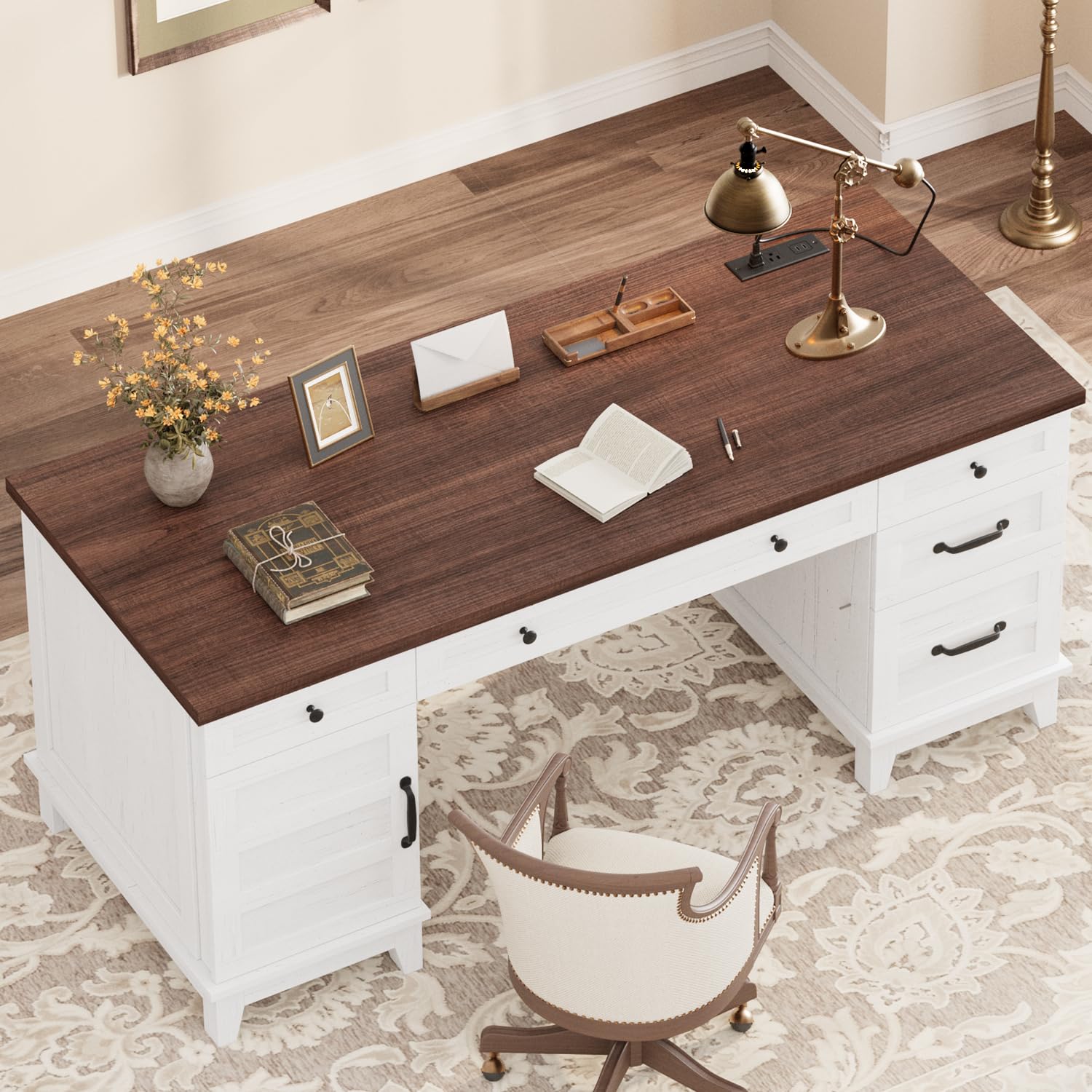 Executive Desk with File Drawers & Charging Station, 60"