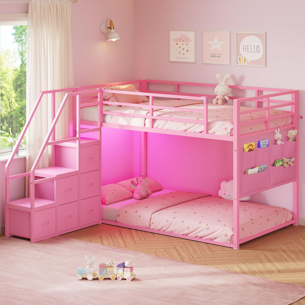 Twin Over Twin Low Bunk Bed with Storage Stairs, 6 Drawers & RGB LED Lights