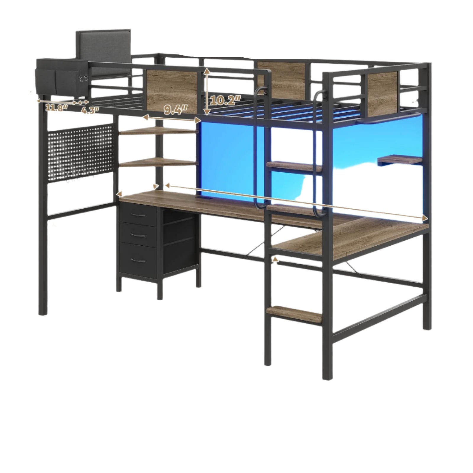 L-Shaped Desk and 3 Fabric Drawers, Metal Twin Loft Bed