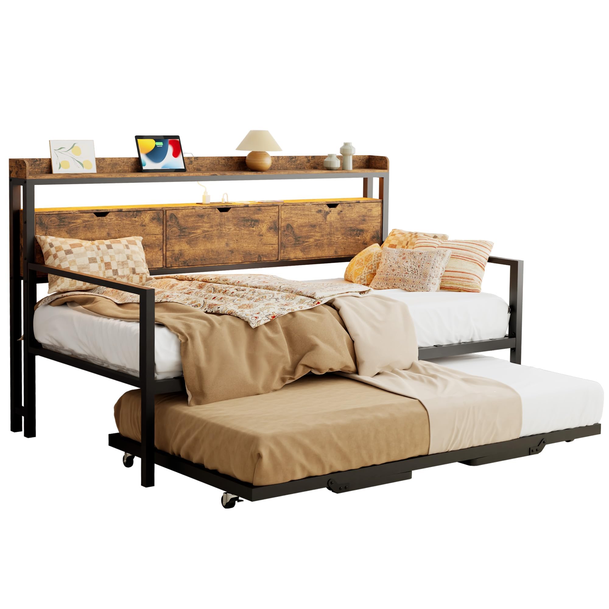 Daybed with Pop Up Trundle, Metal Day Bed with Charging Station