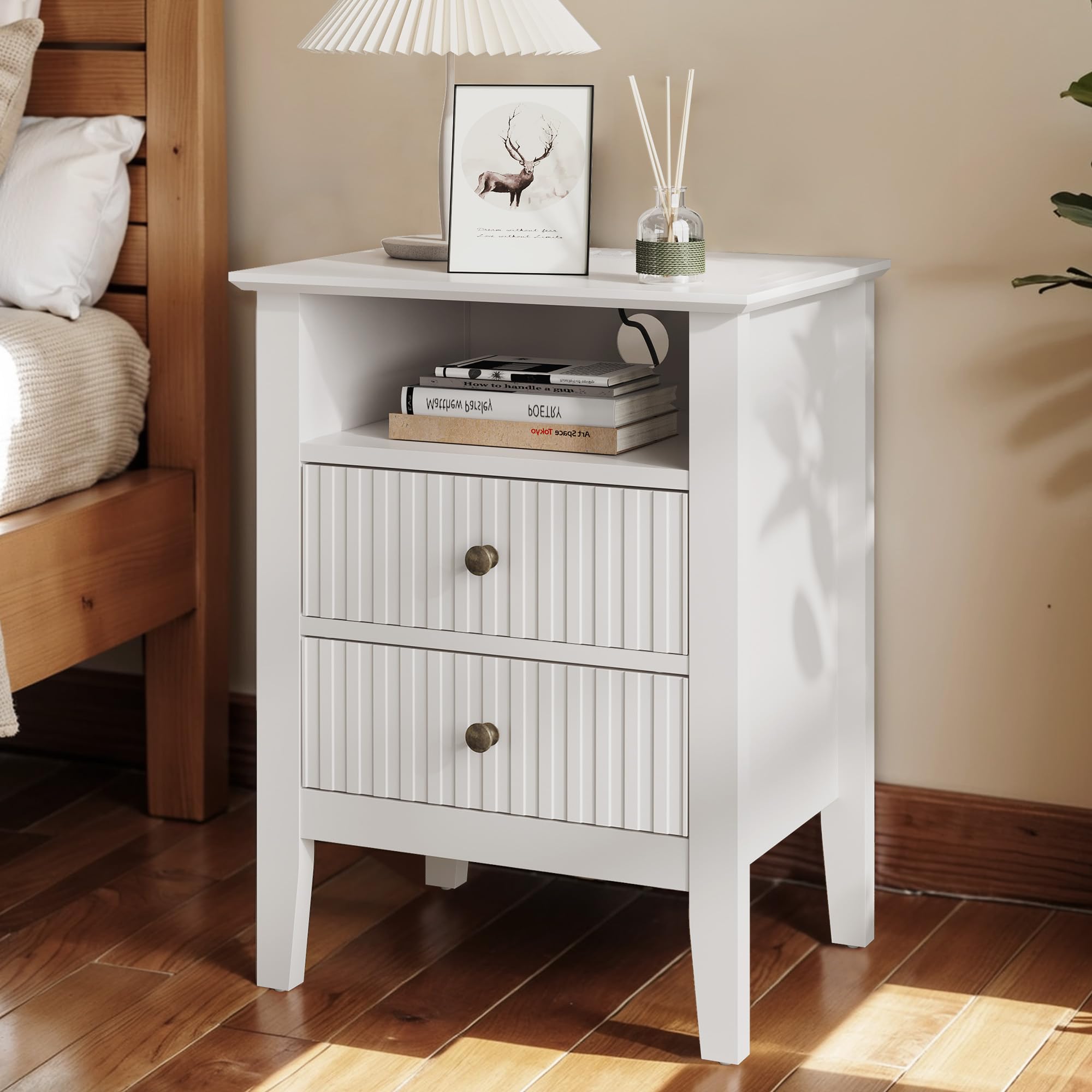 Fluted Nightstand Set of 2 with Charging Station, Modern Side Table
