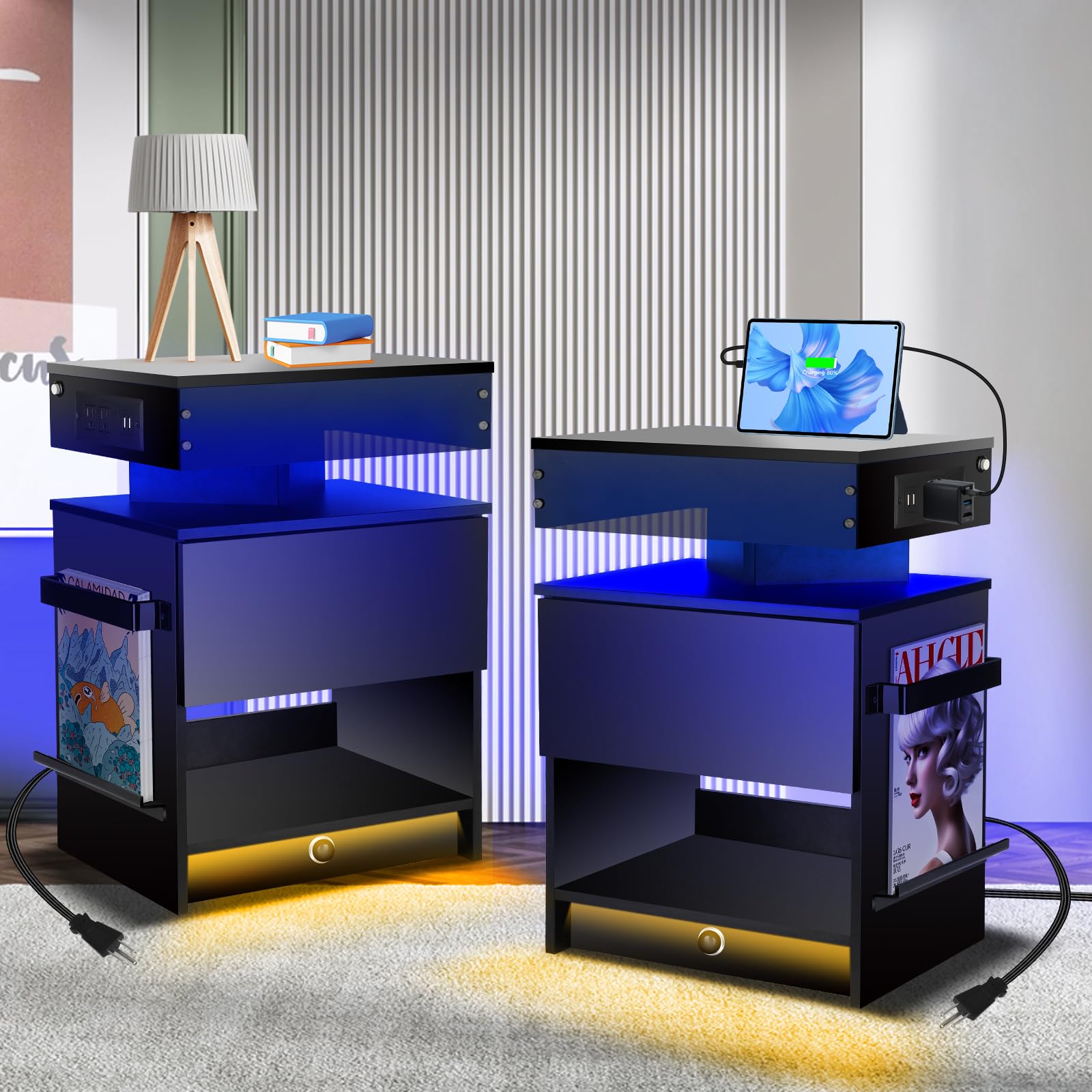 Nightstand Set 2,Nightstand with Charging Station,Induction Light and LED Light