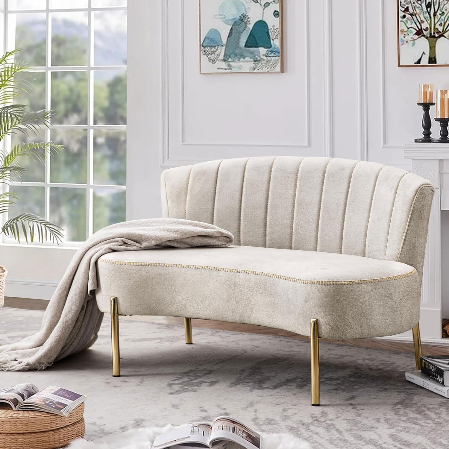 Loveseat Settee with Backrest & Golden Metal Legs