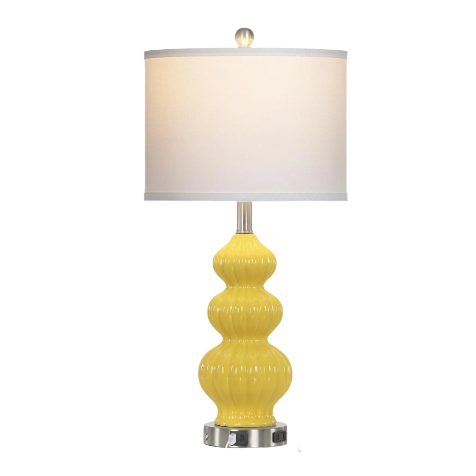 Triple Gourd Ceramic Table Lamps Set of 2, Modern Yellow Bedside Lamps with USB