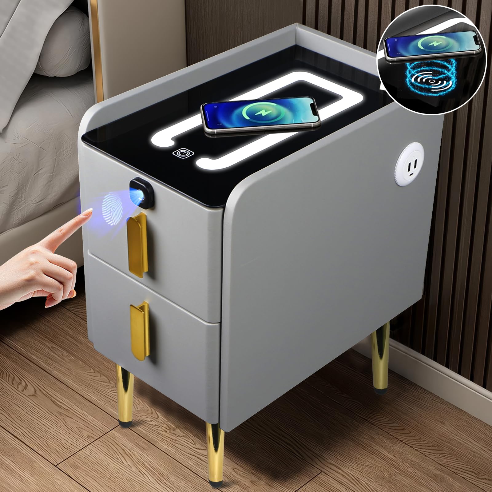 Smart Nightstand with Lock -10" W×16" D×19" H Leather Bedside Table