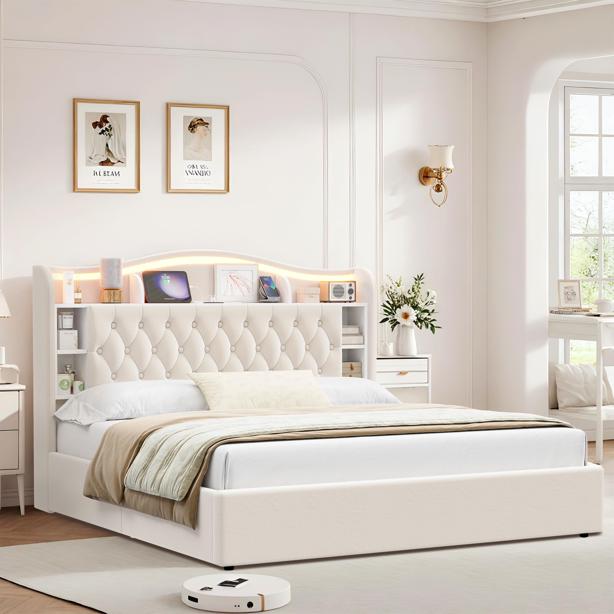 Size Bed Frame Hydraulic Lift up Storage Bed Frame with LED Lights & USB Outlets
