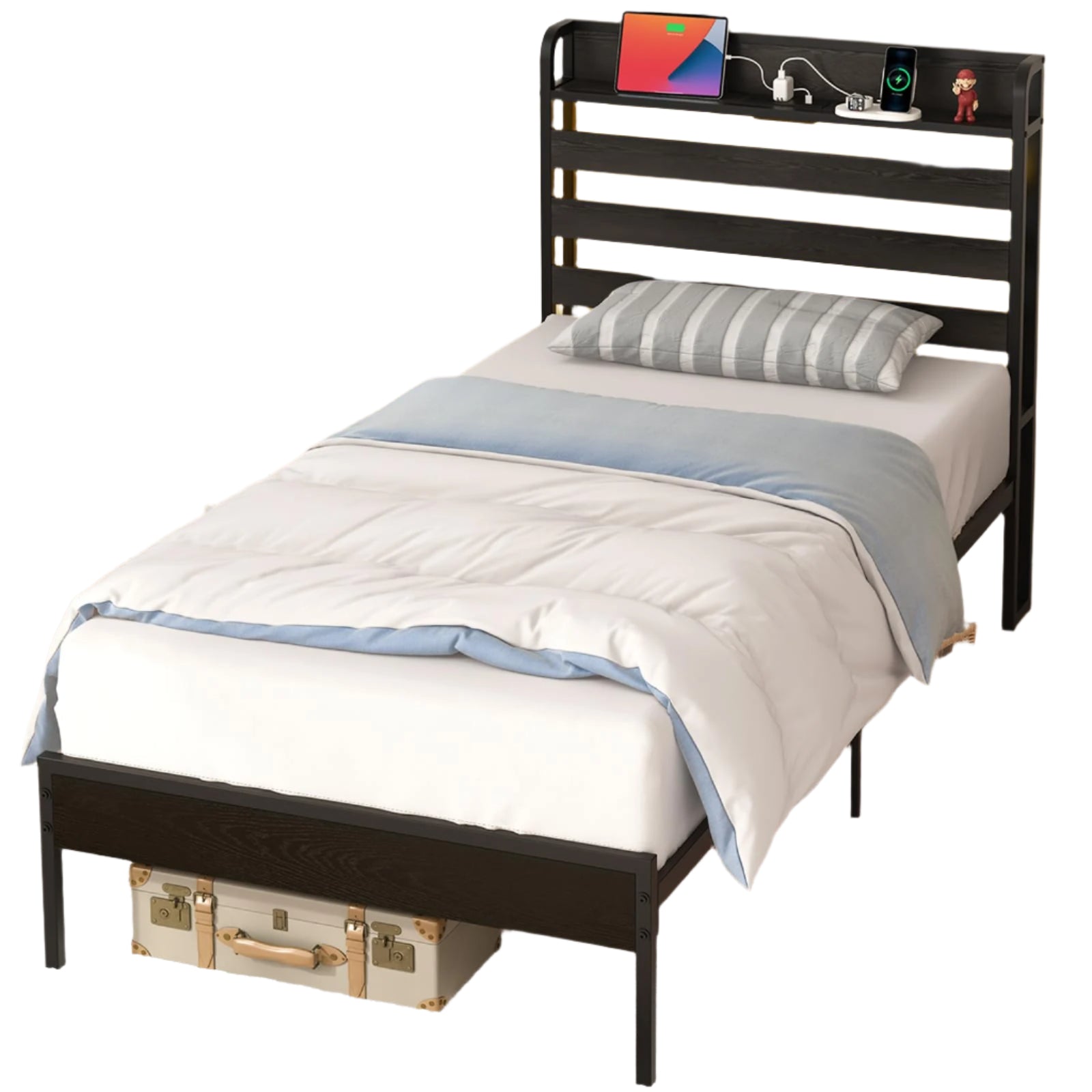 Twin Bed Frames with Storage Headboard, Led Bed Frame with Charging Station