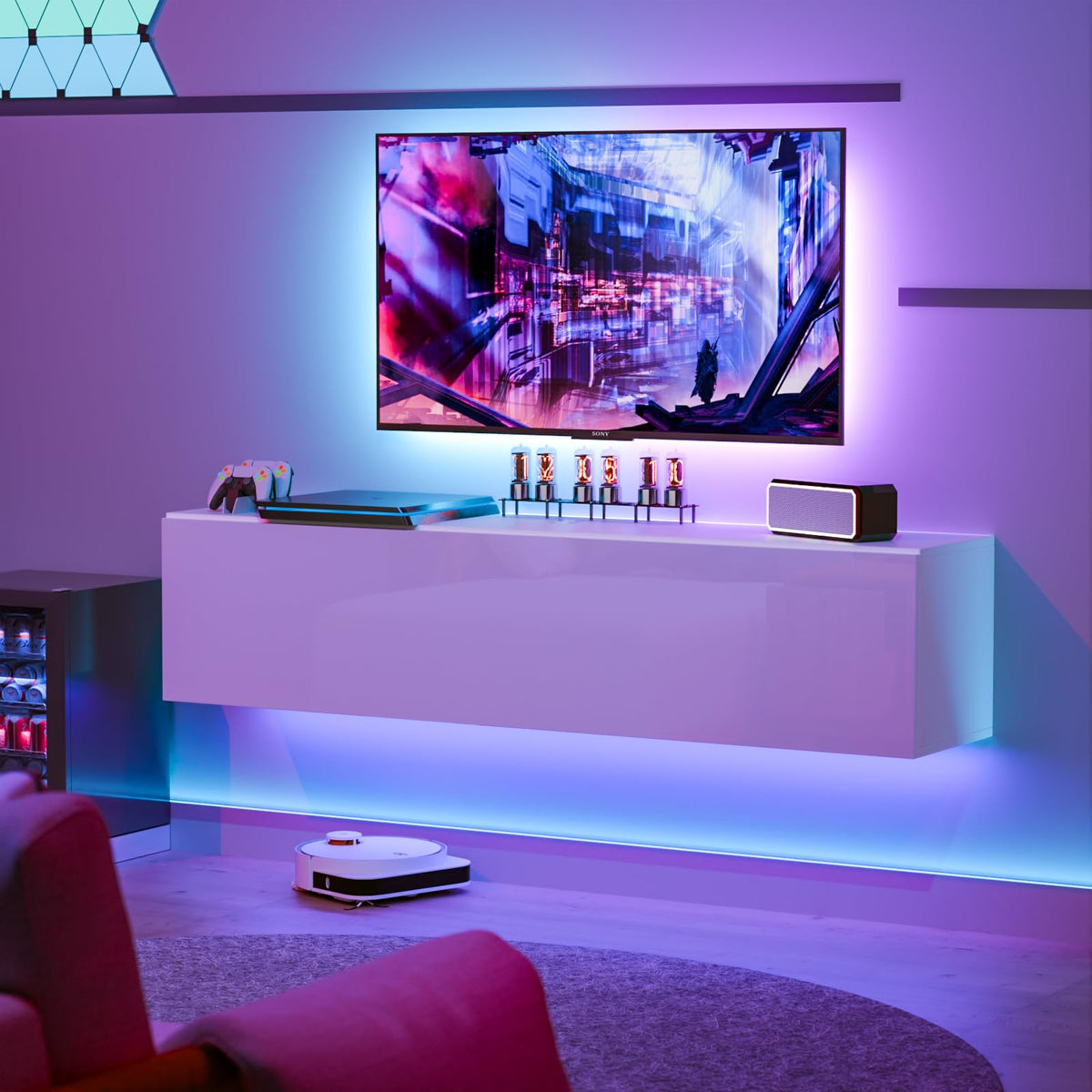 Floating LED TV Stand with Storage Cabinet – 55" Wall & Floor Mount