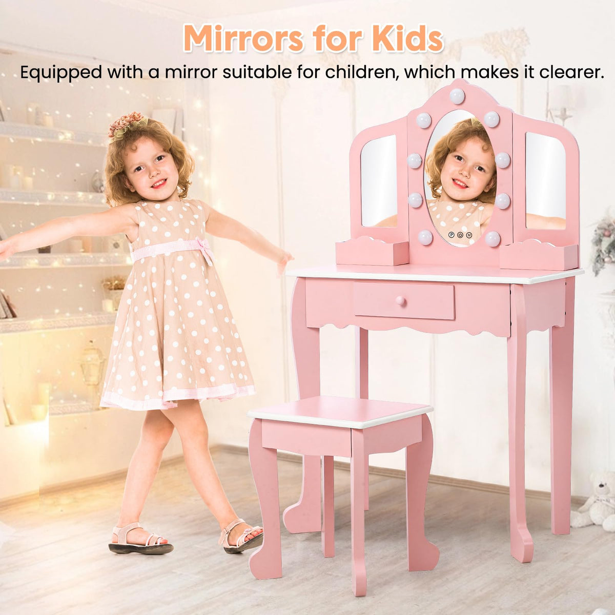 Kids Vanity Set with Lighted Mirror & Stool