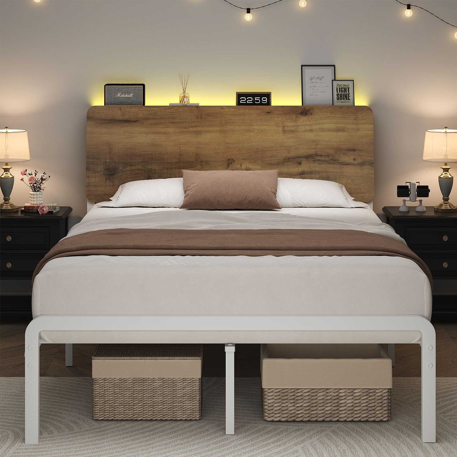 Full Bed Frame with Stoarge Headboard, Full Size LED Bed Frame, Metal Platform Bed Frame