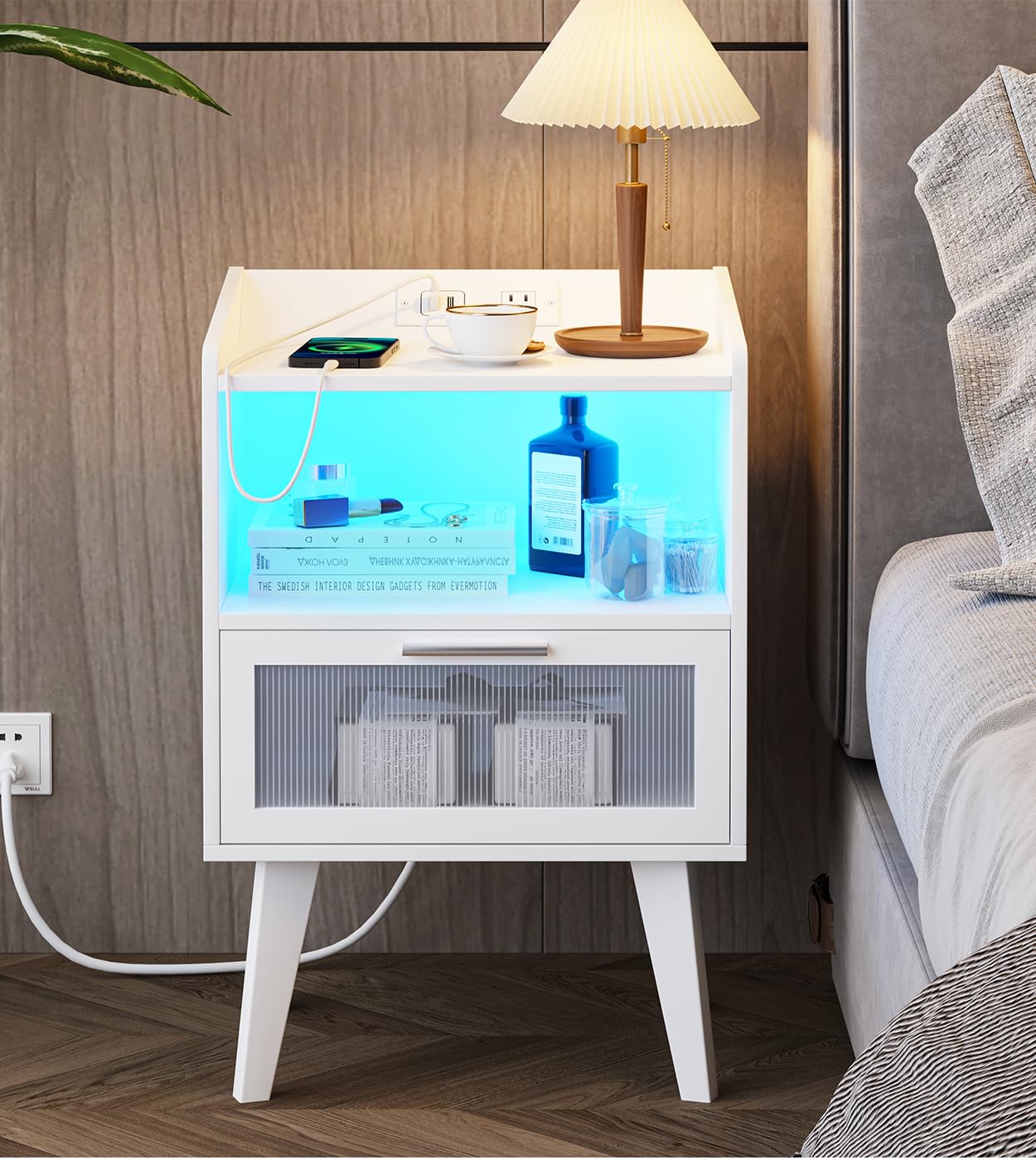 Nightstand with Ajustable LED and Desighed Drawer for Bedroom