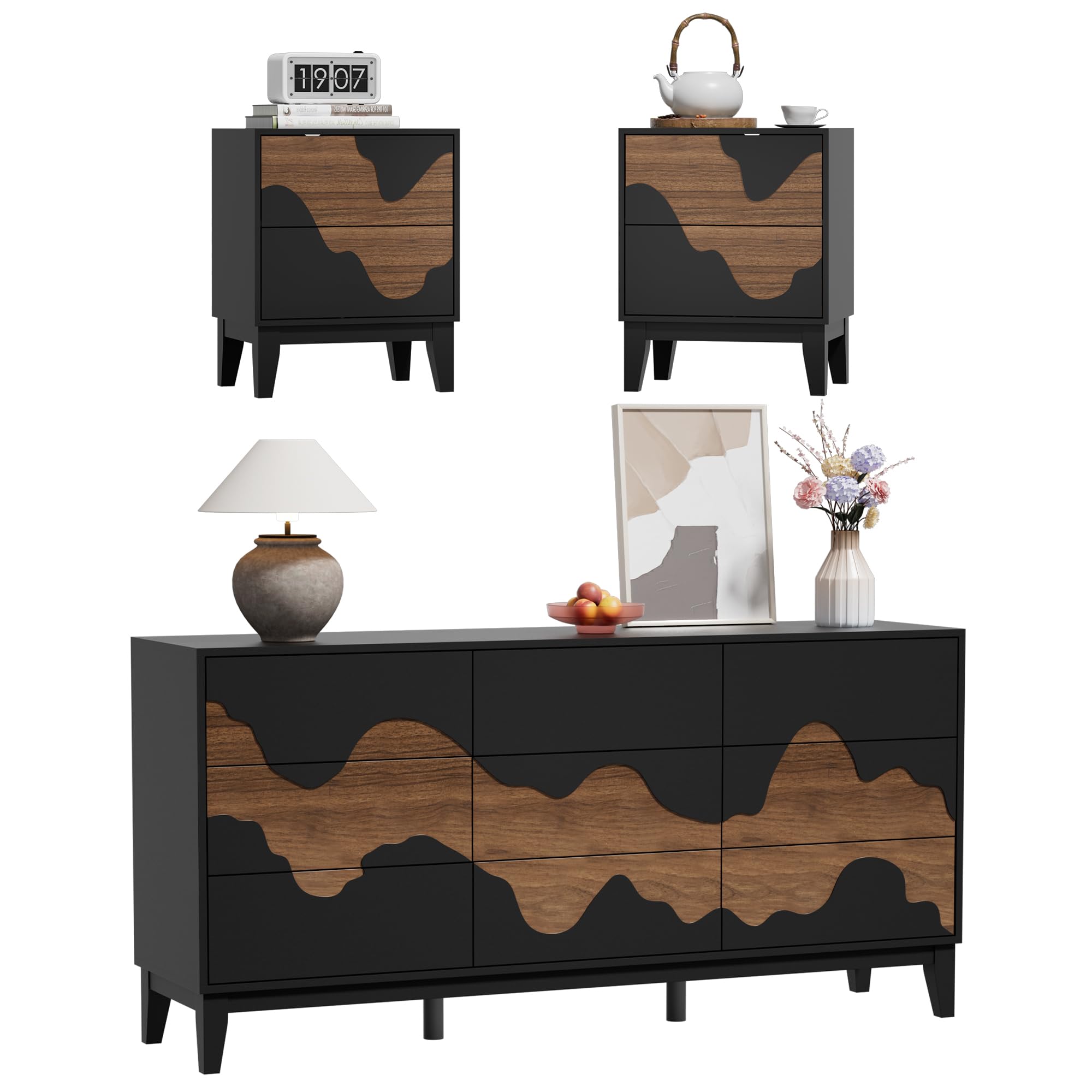 Piece Bedroom Dresser Set, Modern 9 Drawer Dresser & 2 Nightstands Set
