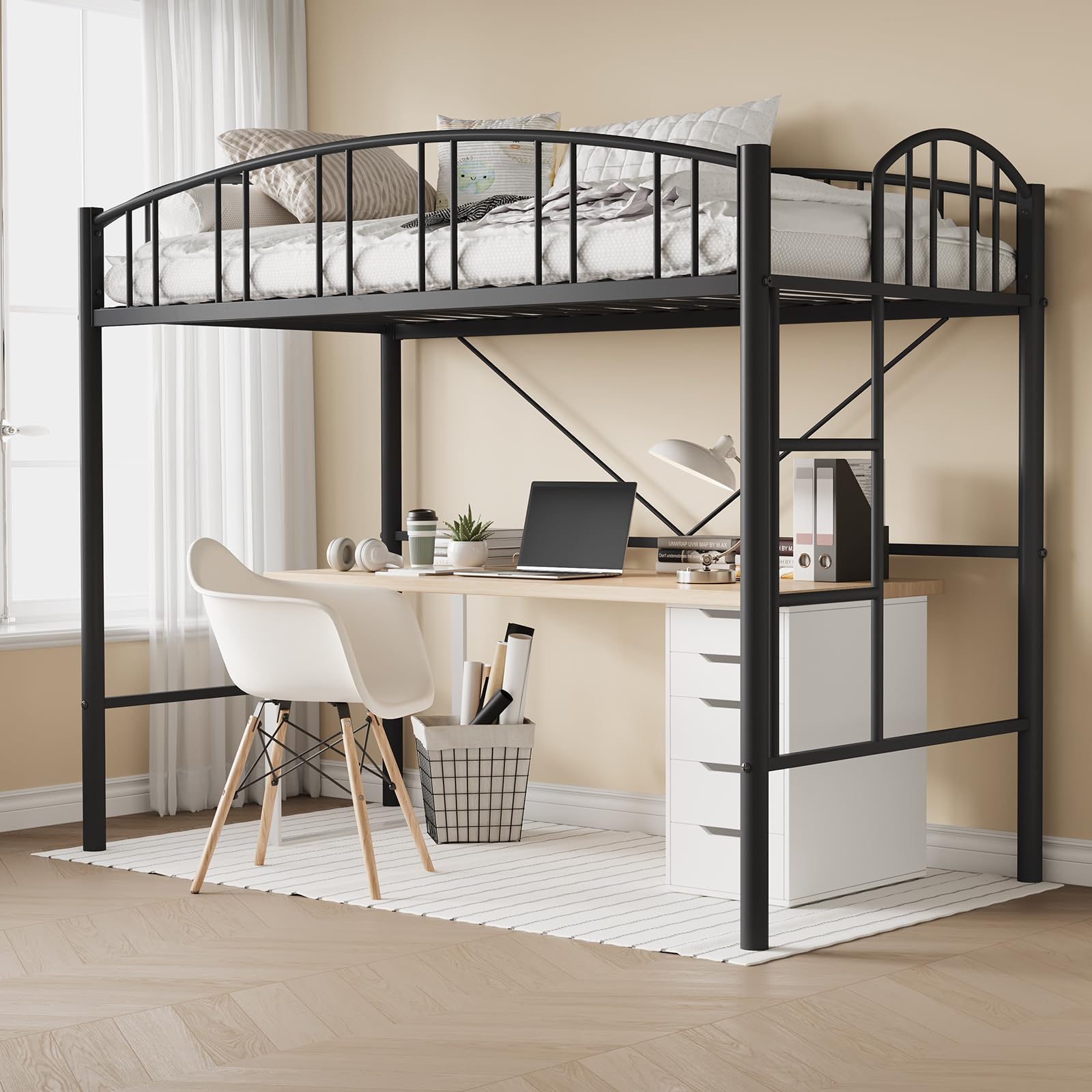 Loft Bed Twin Size with Ladde and Arched Guardrail