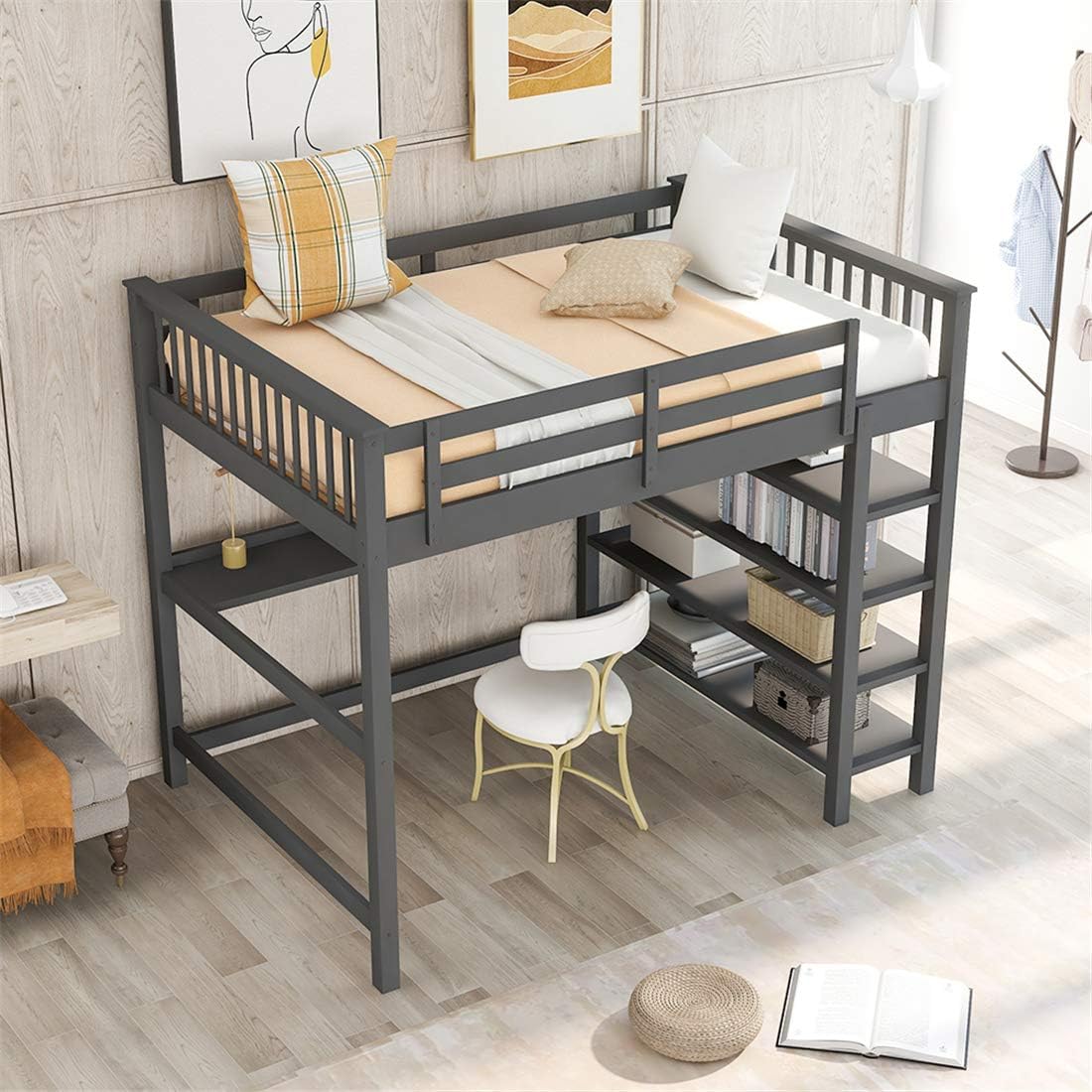Wood Loft Bed with Desk and Storage, Loft Bed Full-Length Guardrail
