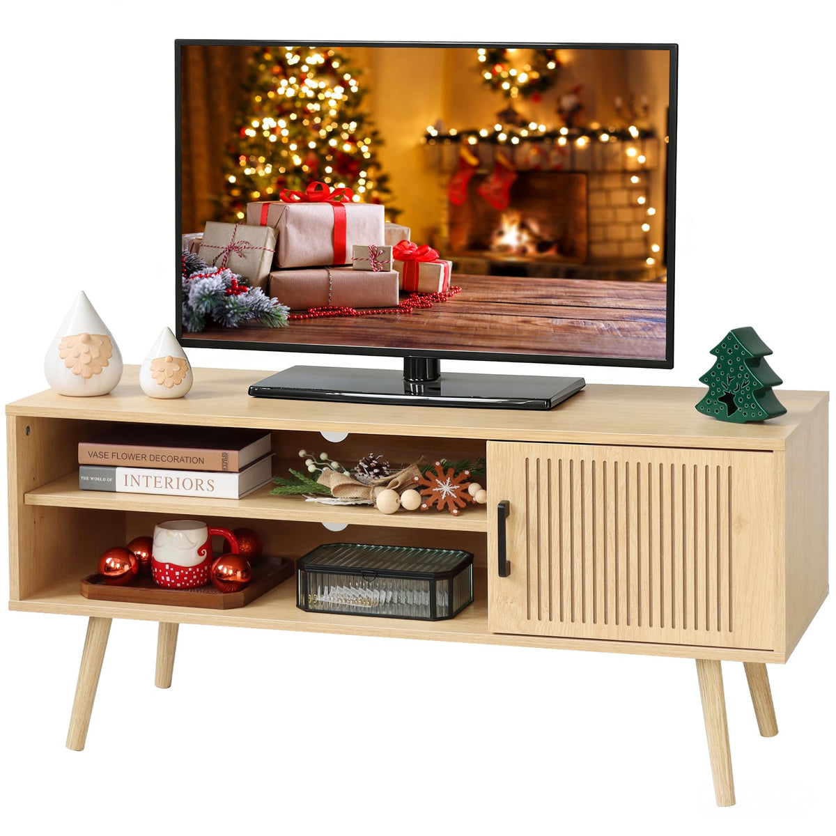 Fluted TV Stand with Storage Cabinet