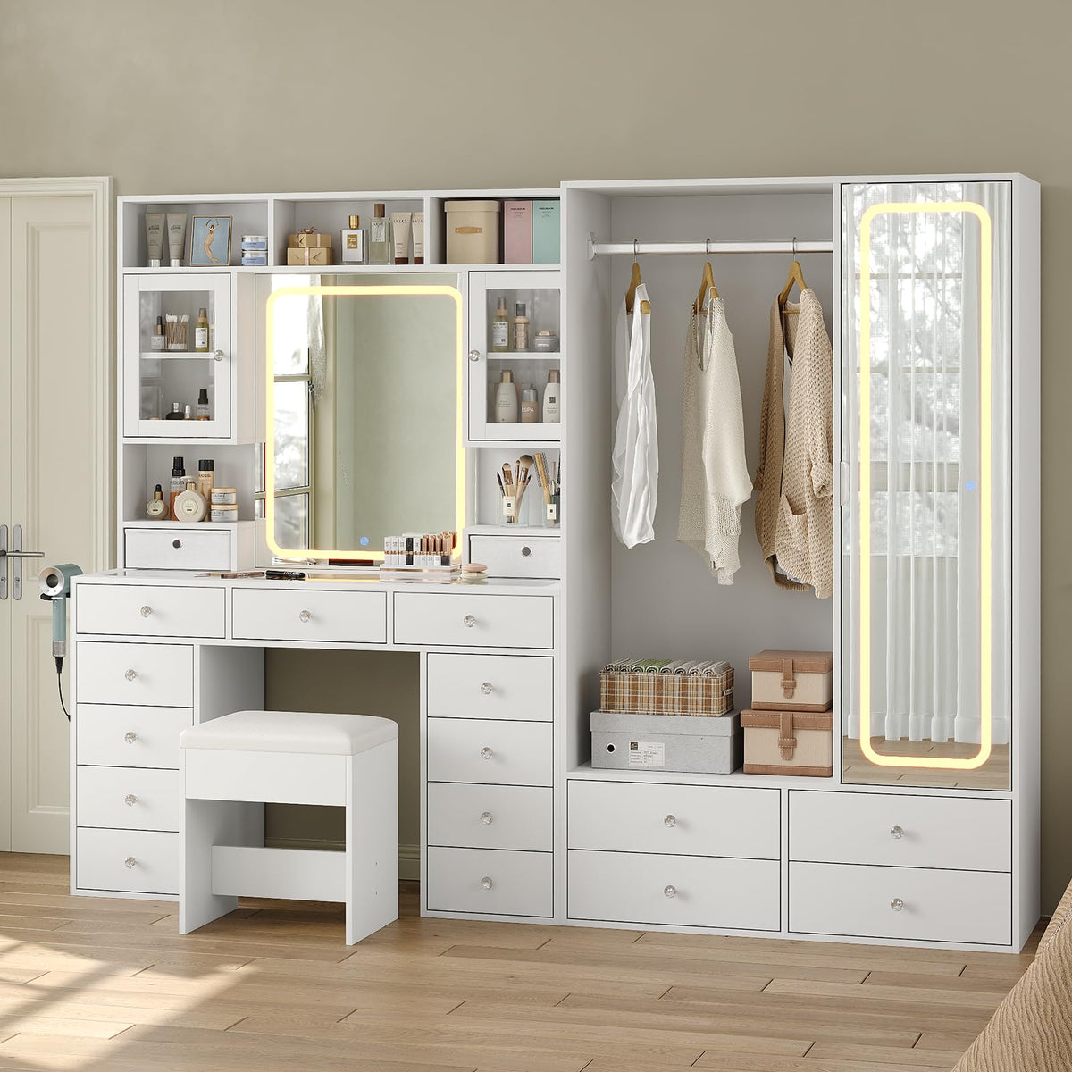 Vanity Desk with LED Mirrors and Wardrobe