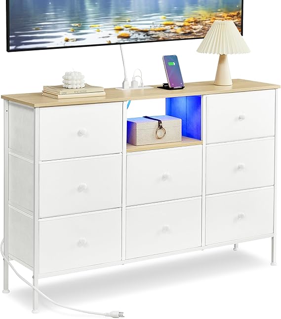 Dresser for Bedroom, Fabric Dresser with Power Outlets and LED Lights