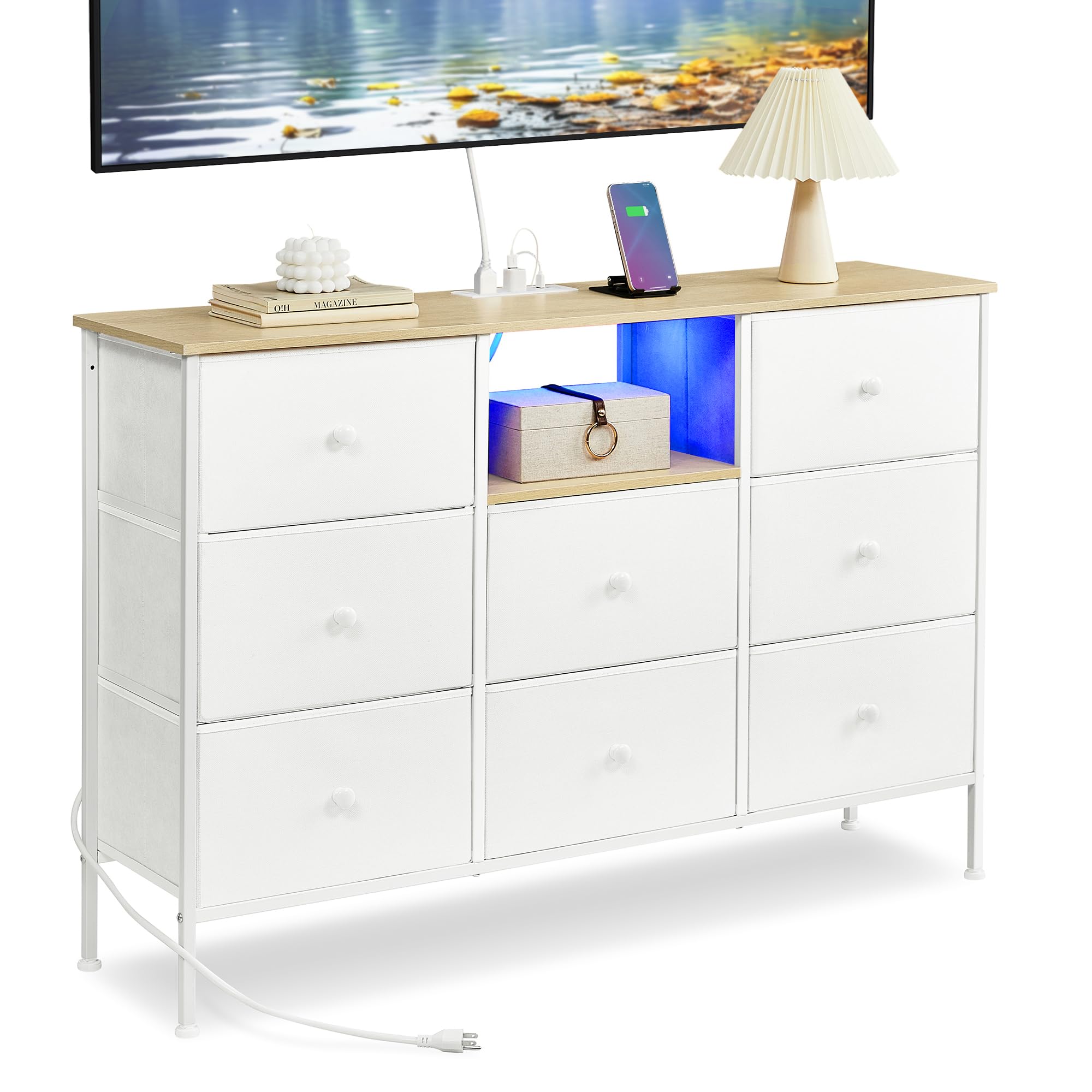 Dresser for Bedroom, Fabric Dresser with Power Outlets and LED Lights