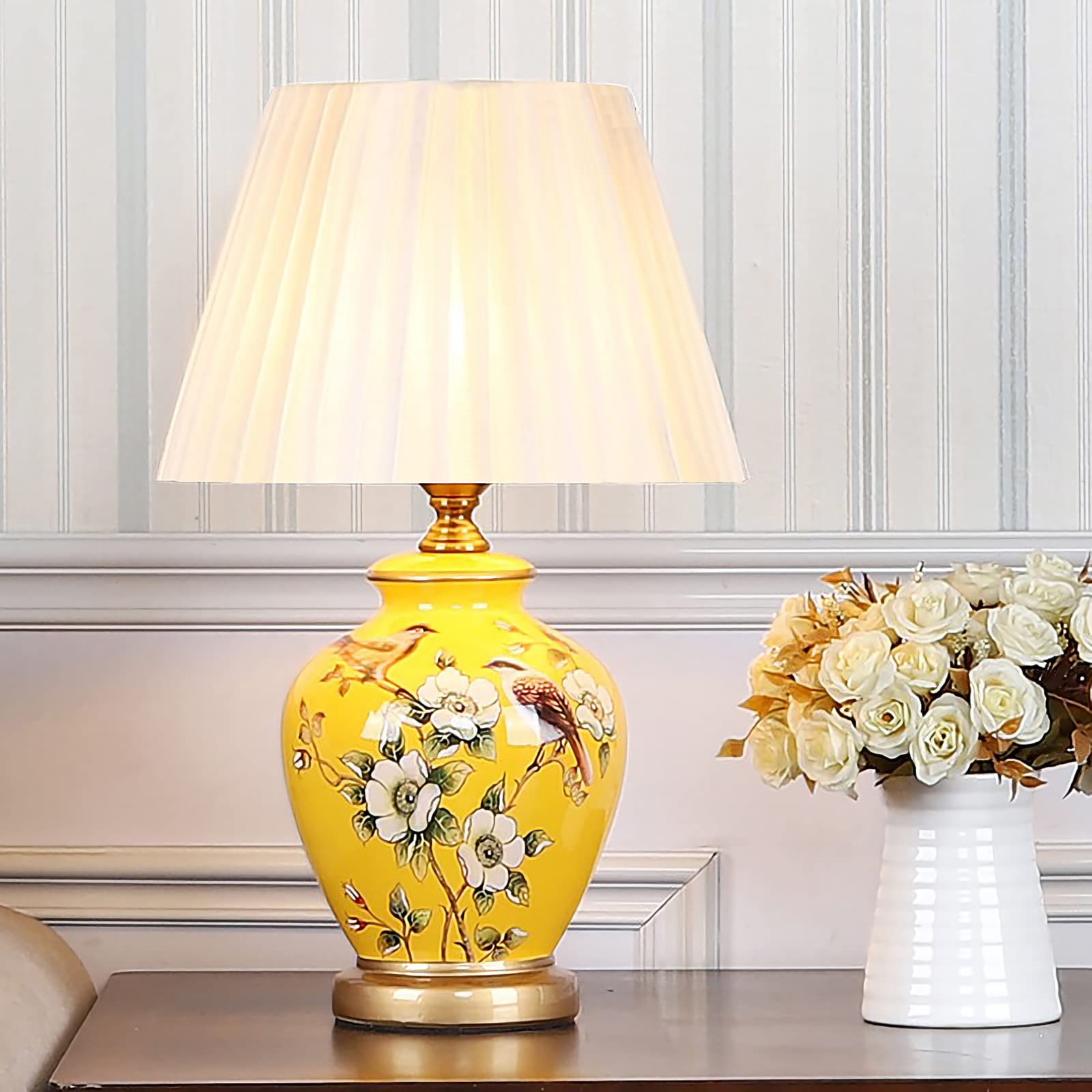 Flower and Bird Hand-Painted Ceramic Table Lamp ,Chinoiserie Lamp ,Bedside Lamp