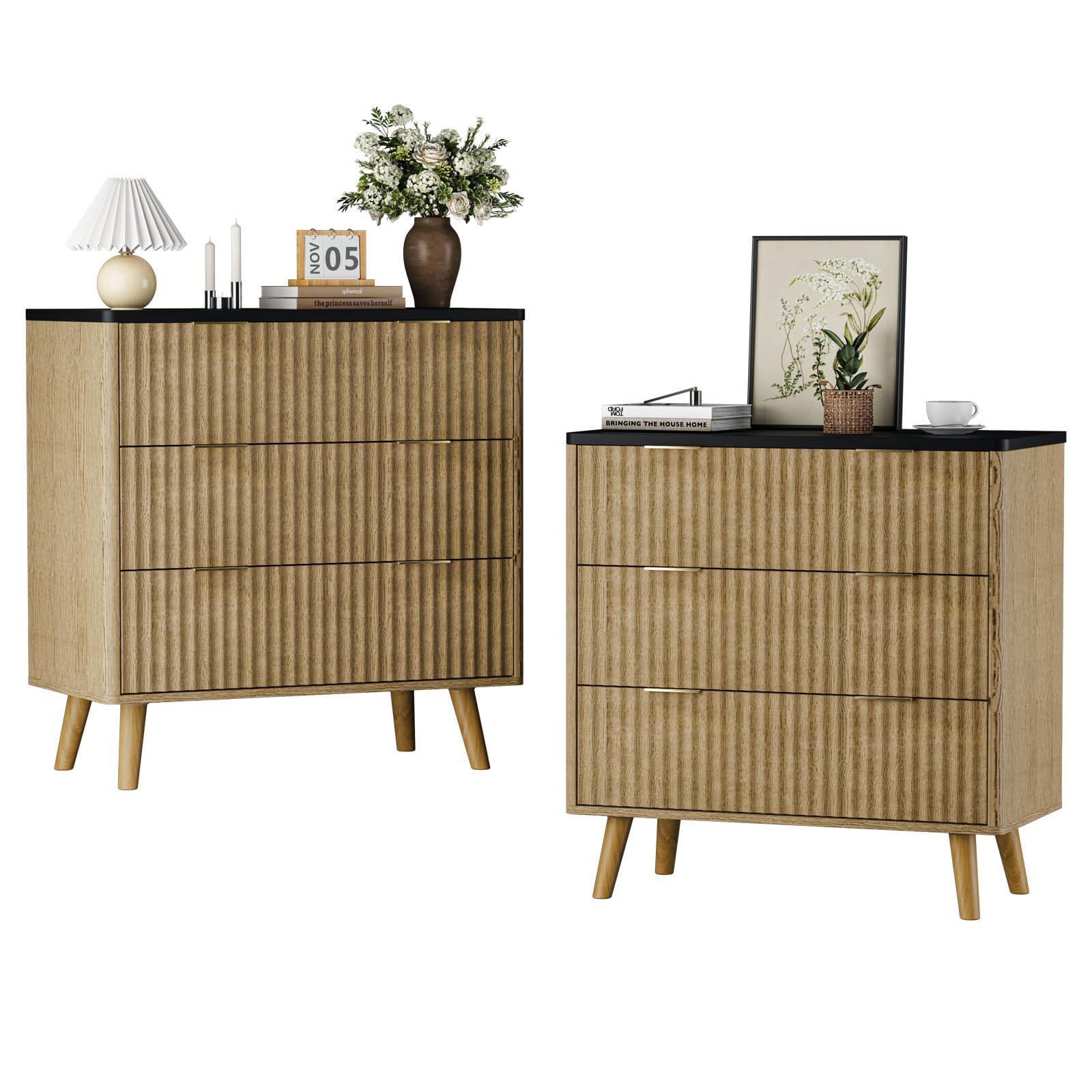 Modern 32" Fluted Nightstand Set of 2–Natural Wood Bedside Tables