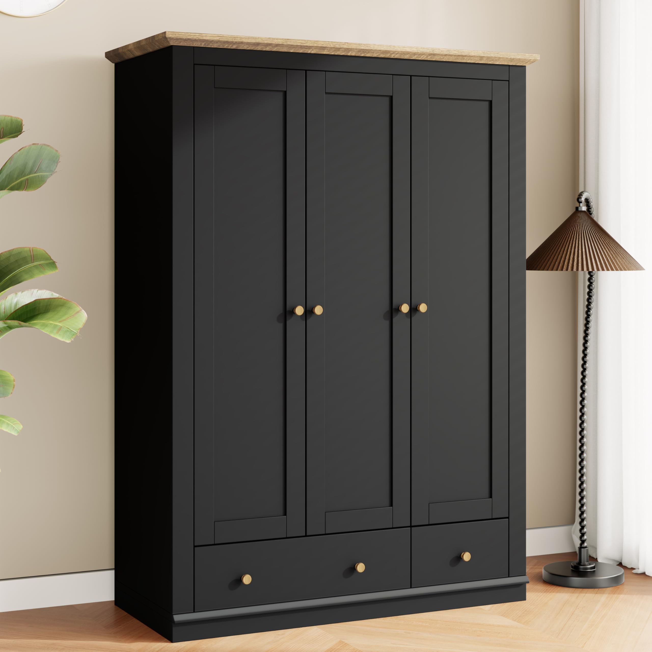 Tall 3 Doors Armoire Wardrobe Closet with 3 Doors & 2 Drawer