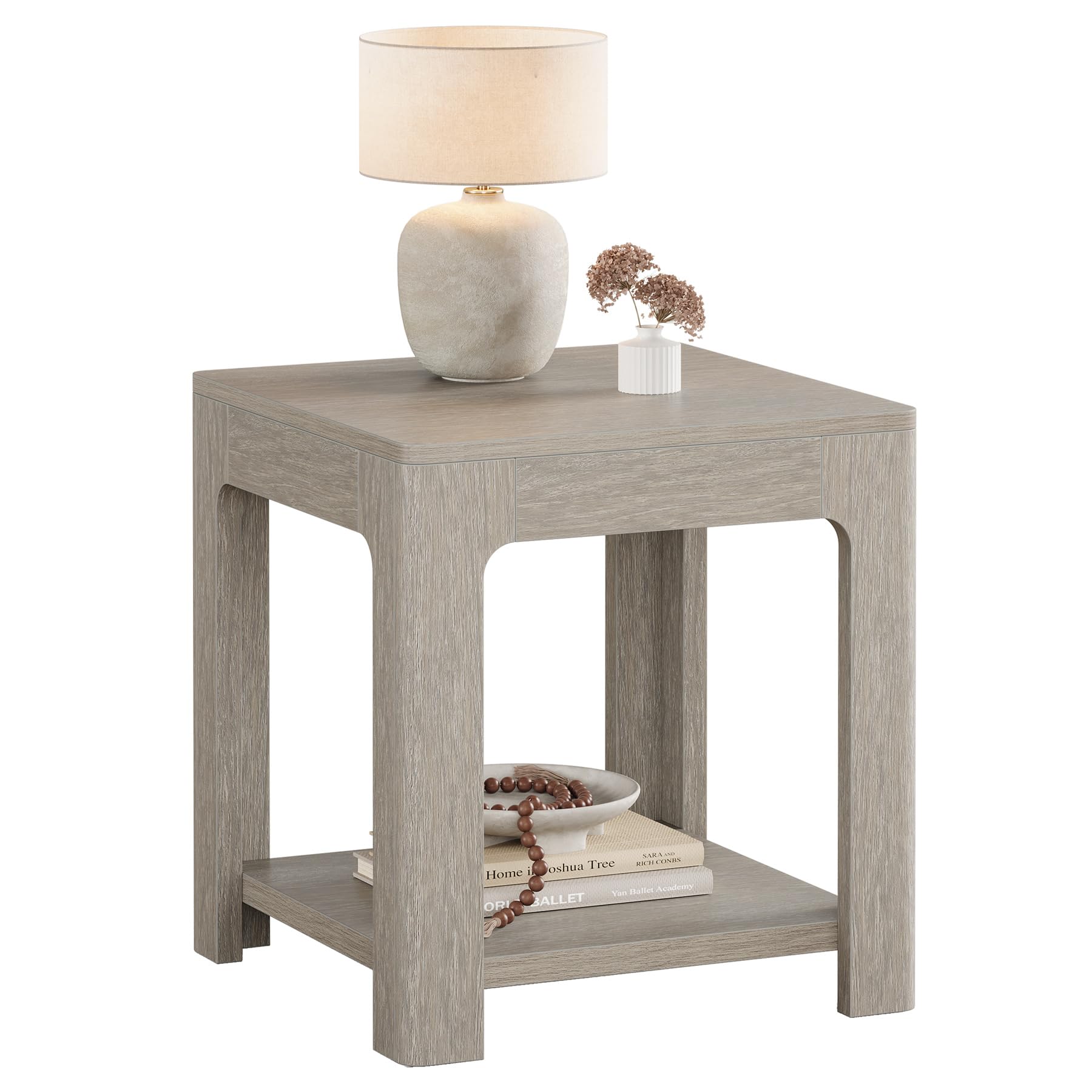 2-Tier Square End Table, Farmhouse Wooden Side Table with Storage Shelf