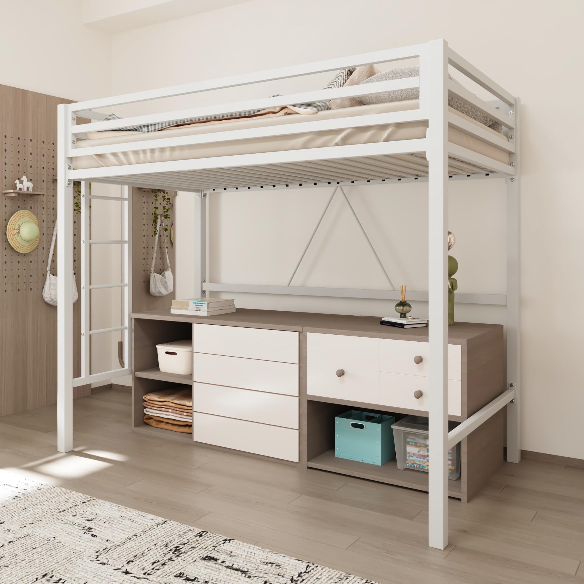 Loft Bed Twin Size with Guardrail and Ladder, Small Space Saving Design for Bedroom