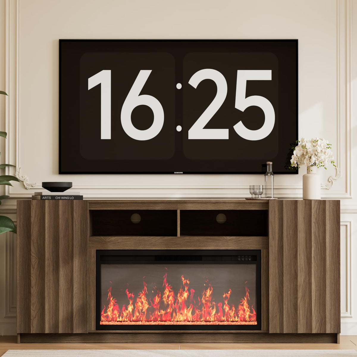Fireplace TV Stand with LED Flame, Storage Cabinet & Adjustable Shelves