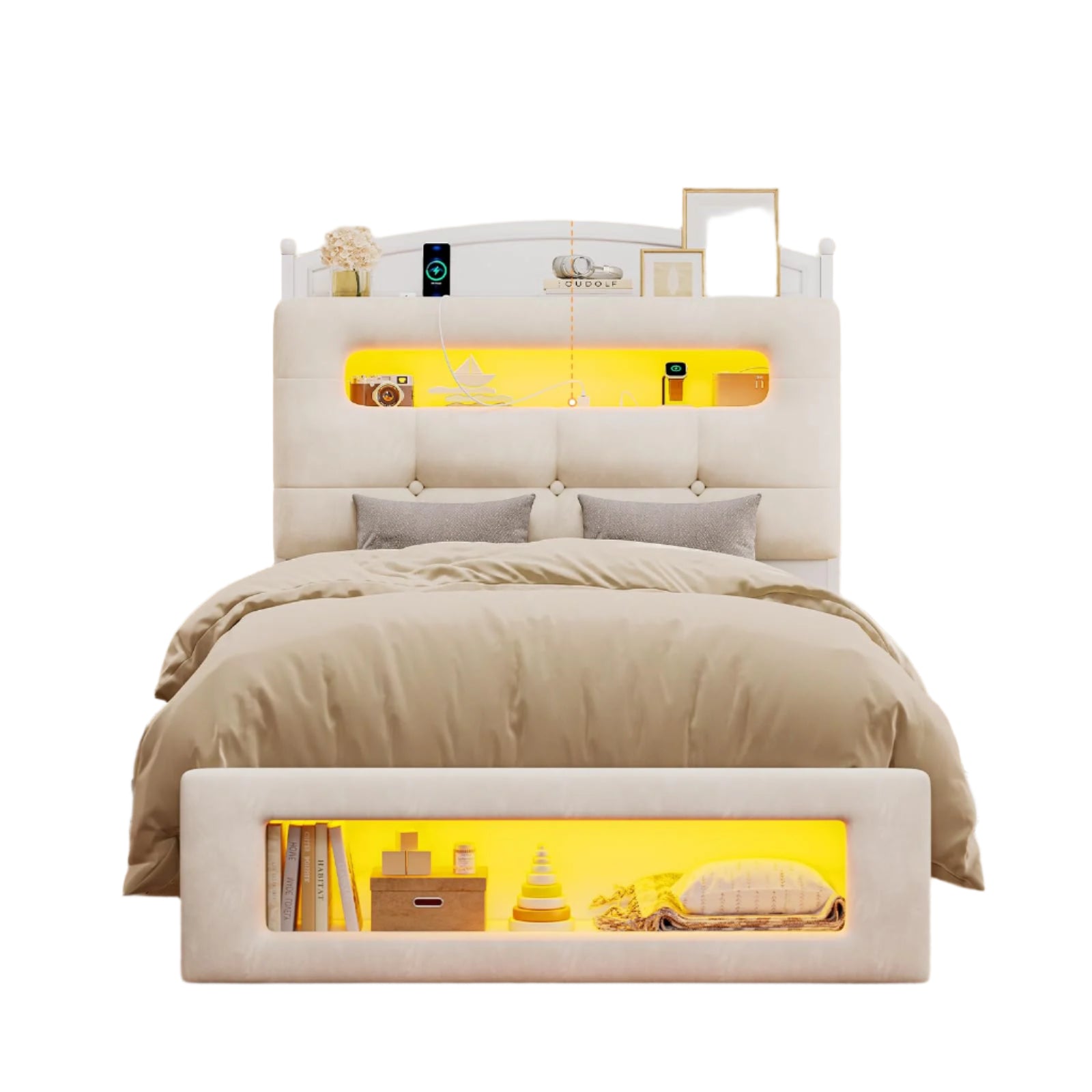 UPOSOJA Twin Size Upholstered Platform Bed Frame with LED Lighting, Storage Headboard and Footboard, Remote/App Control, No Box Spring Needed,White (Twin)