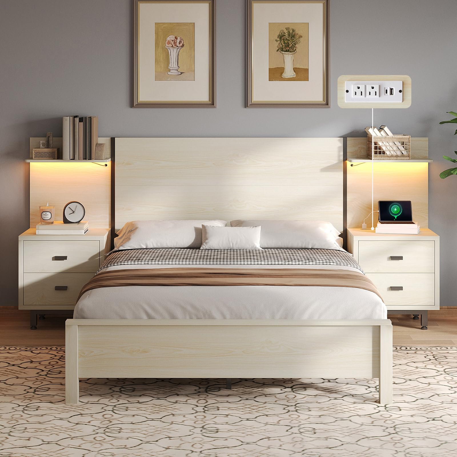 Queen Bed Frame with 2 Nightstands & LED Lights Headboard,104" Extended Wood Panel