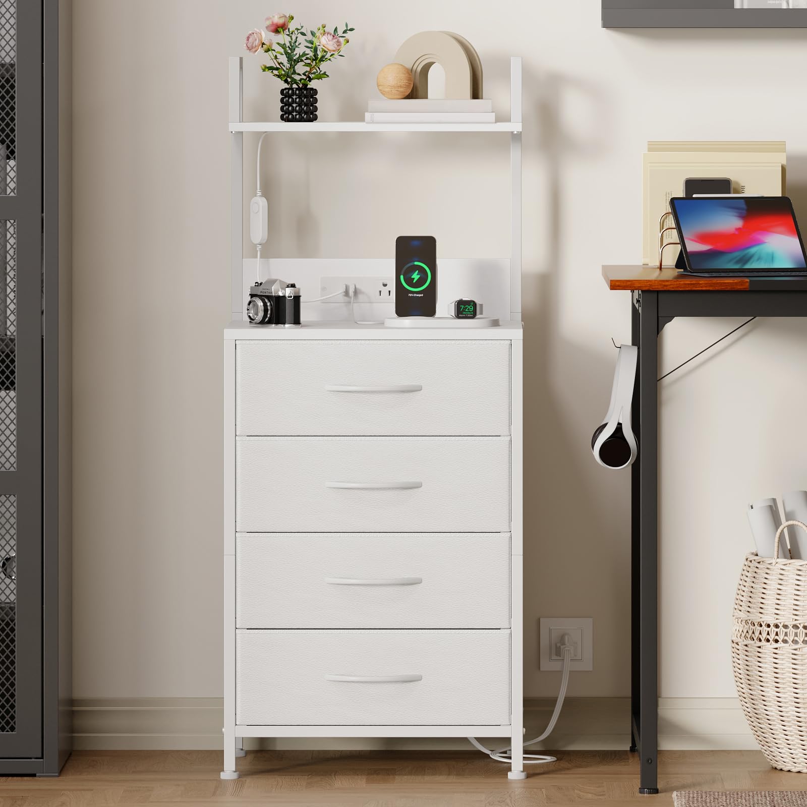 White Nightstand with Charging Station and LED Lights