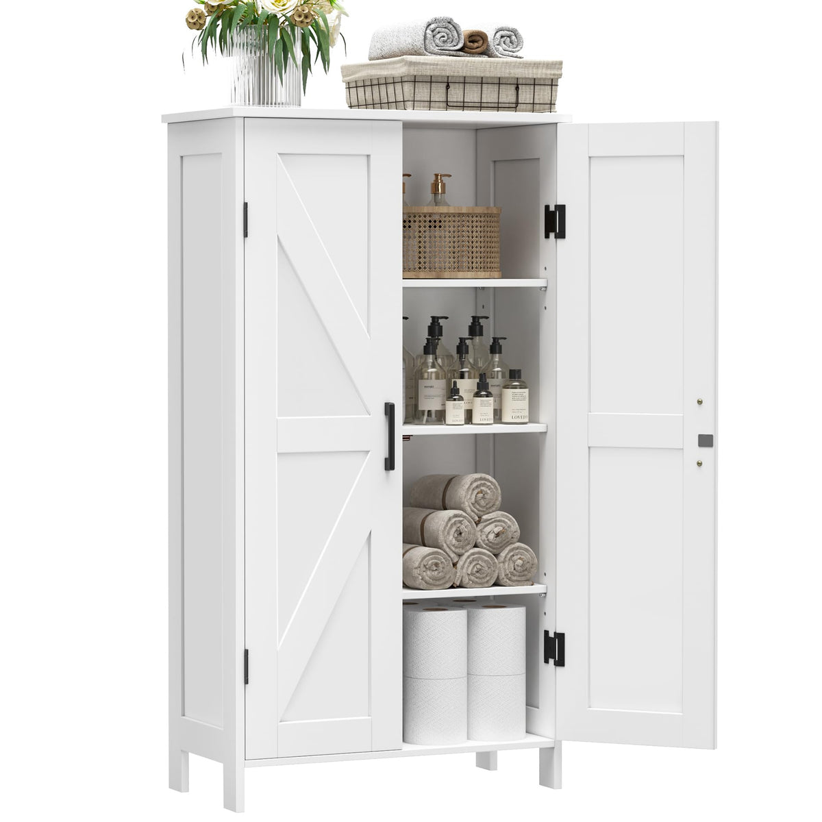 Farmhouse Bathroom Storage Cabinet with Barn Doors & Adjustable Shelves