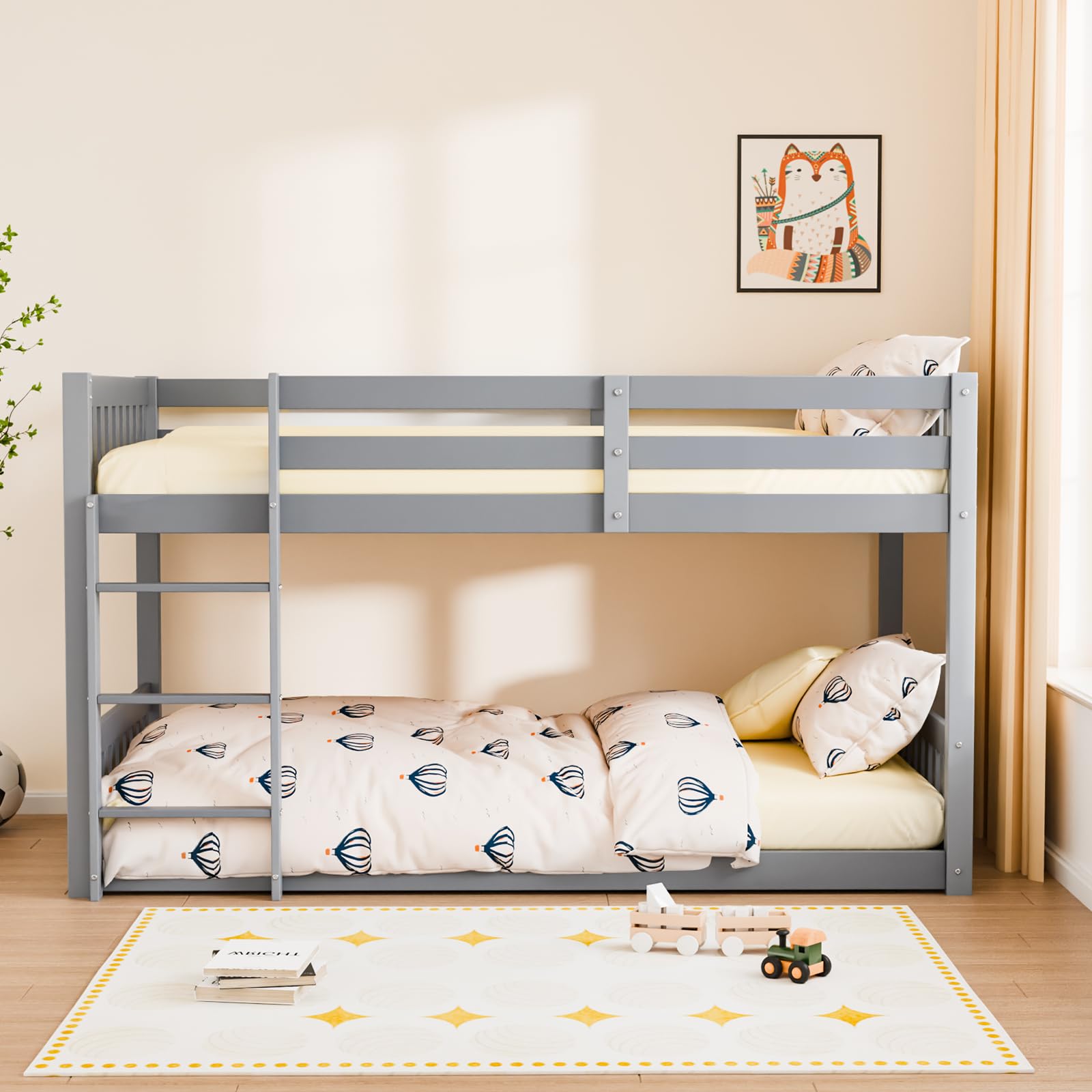 Solid Wood Low Twin Over Twin Bunk Bed for Kids/Junior, Bunk Bed Frame