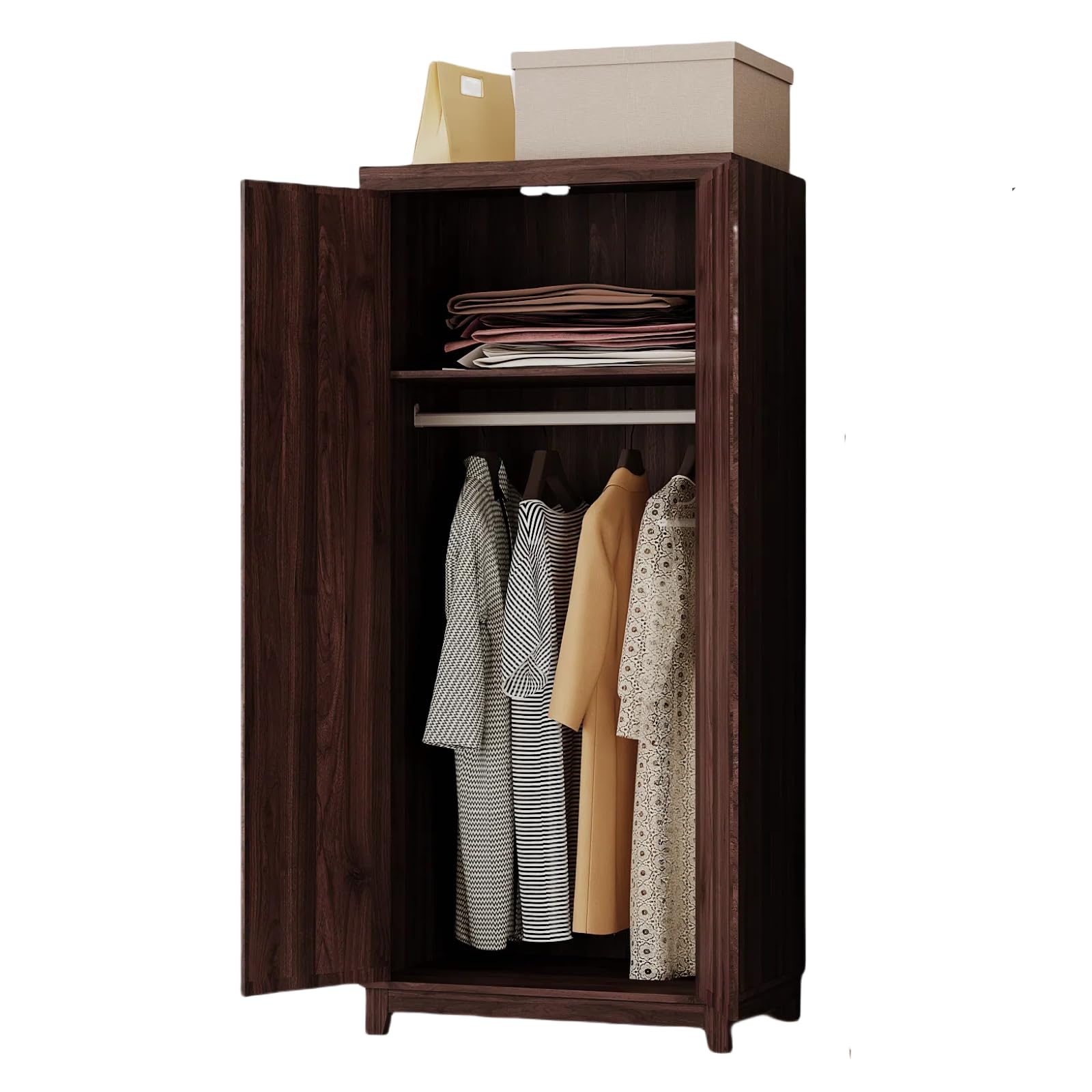 Wooden Wardrobe Closet with Door, 70" Tall Bedroom Armoire with Hanging Rod