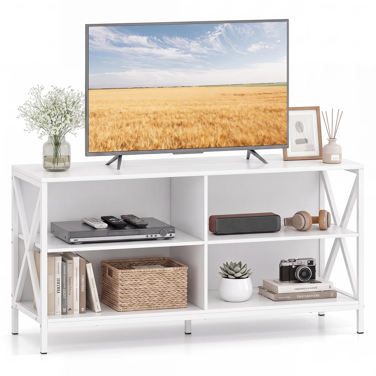 47" Farmhouse TV Stand with 4 Open Shelves & X-Shaped Frame