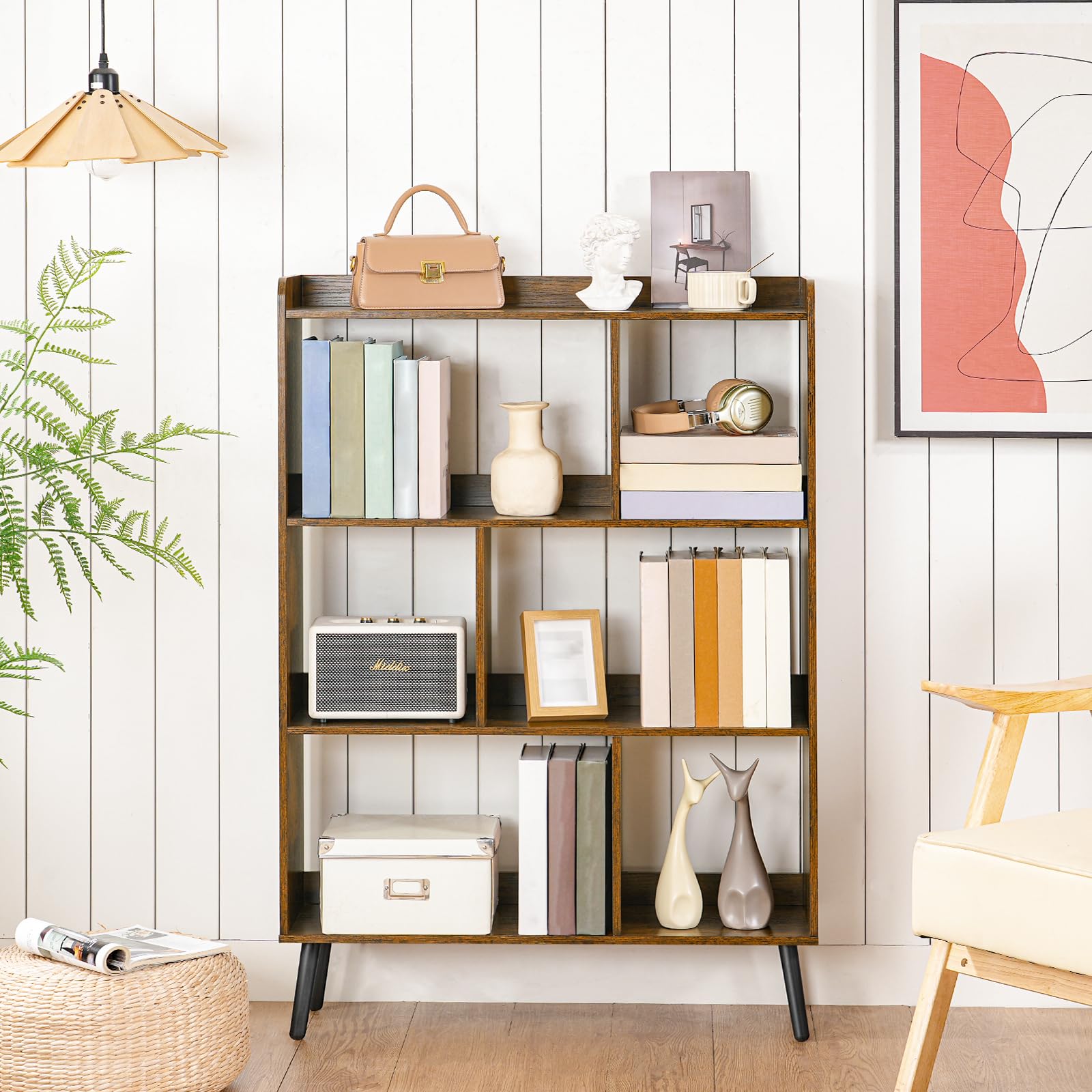 6 Cube Bookshelf, 4 Tier Bookcase with Legs, Mid-Century Modern Bookshelves