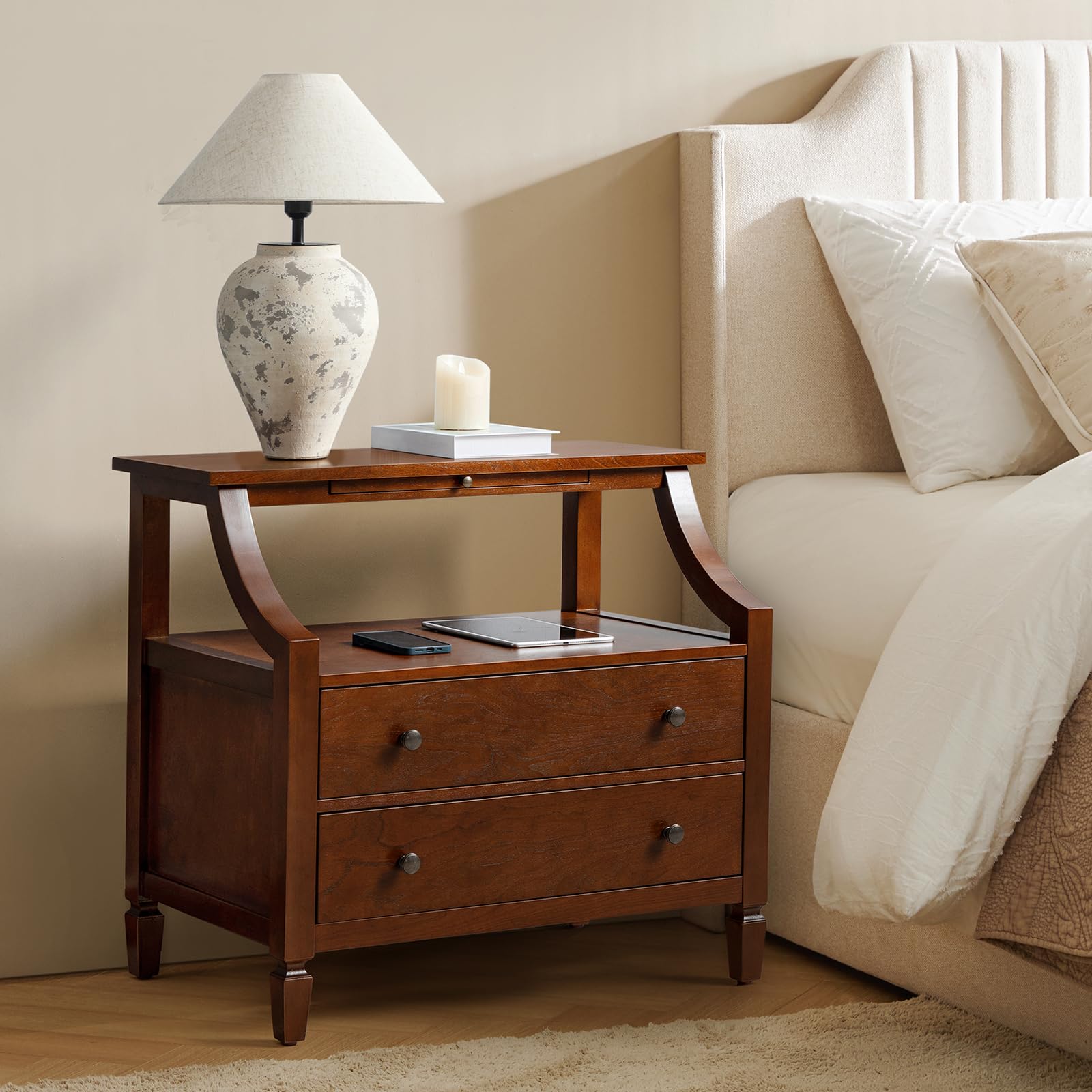 Wood Nightstands Set of 2 with Charging Station, 2-Drawer Dresser with Wooden Legs