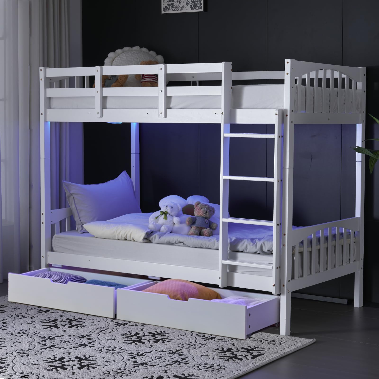 Bed Twin Over Twin with 2 Storage Drawers/RGB LED/Charging Station