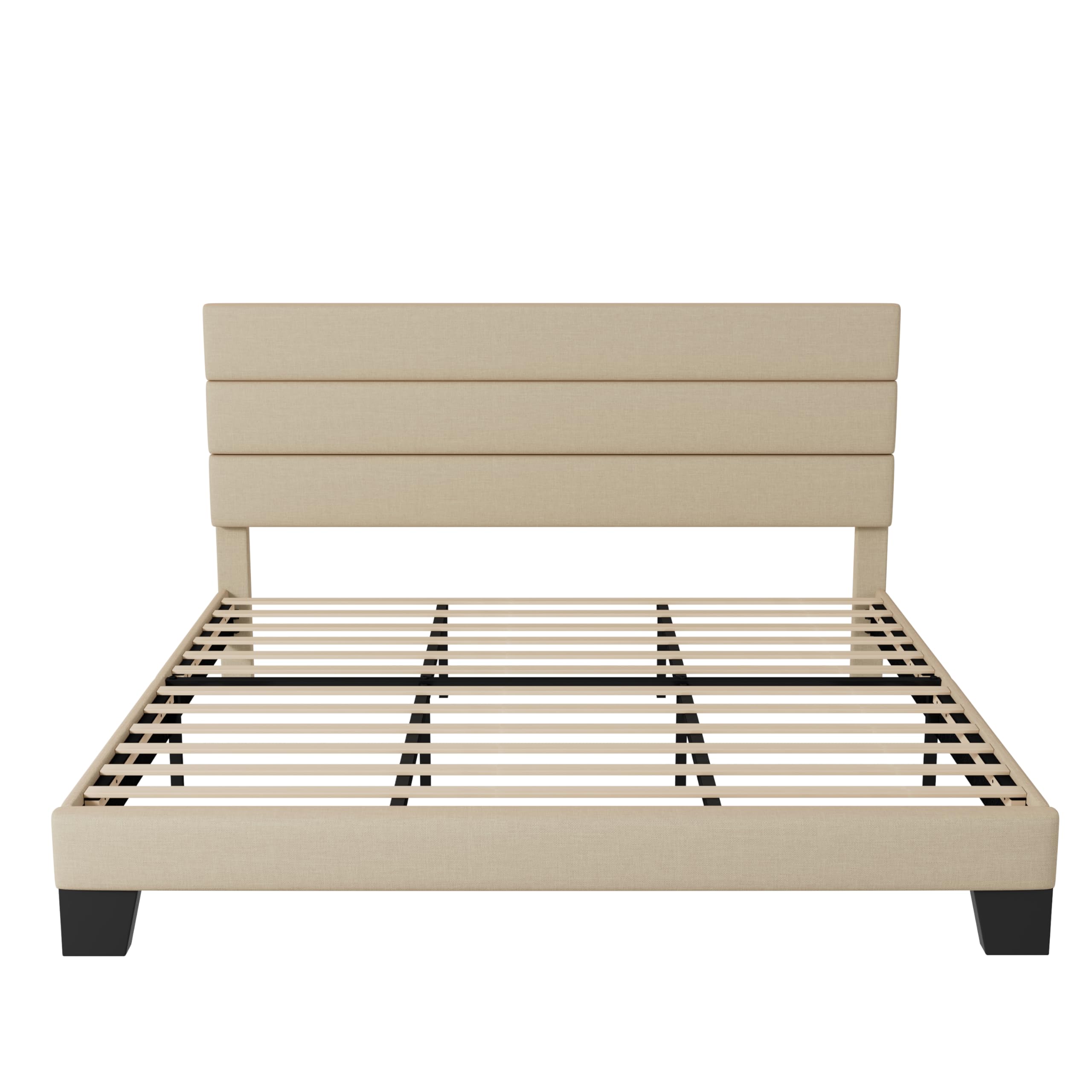 King Size Platform Bed Frame with Fabric Upholstered Headboard and Wooden Slats Support