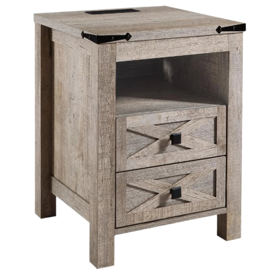 Nightstand with Charging Station, 2 Drawers End Table, 18" Wood Side Table